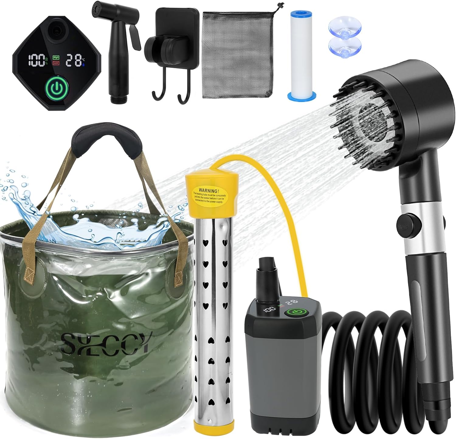 Portable Shower with Heater & Tent – 6.6 Gallon Foldable Bucket, 1500W Auto-Off Heater, 6000mAh Rechargeable Portable Camping Shower Pump, Digital Temp & Power Display for Hiking & Beach