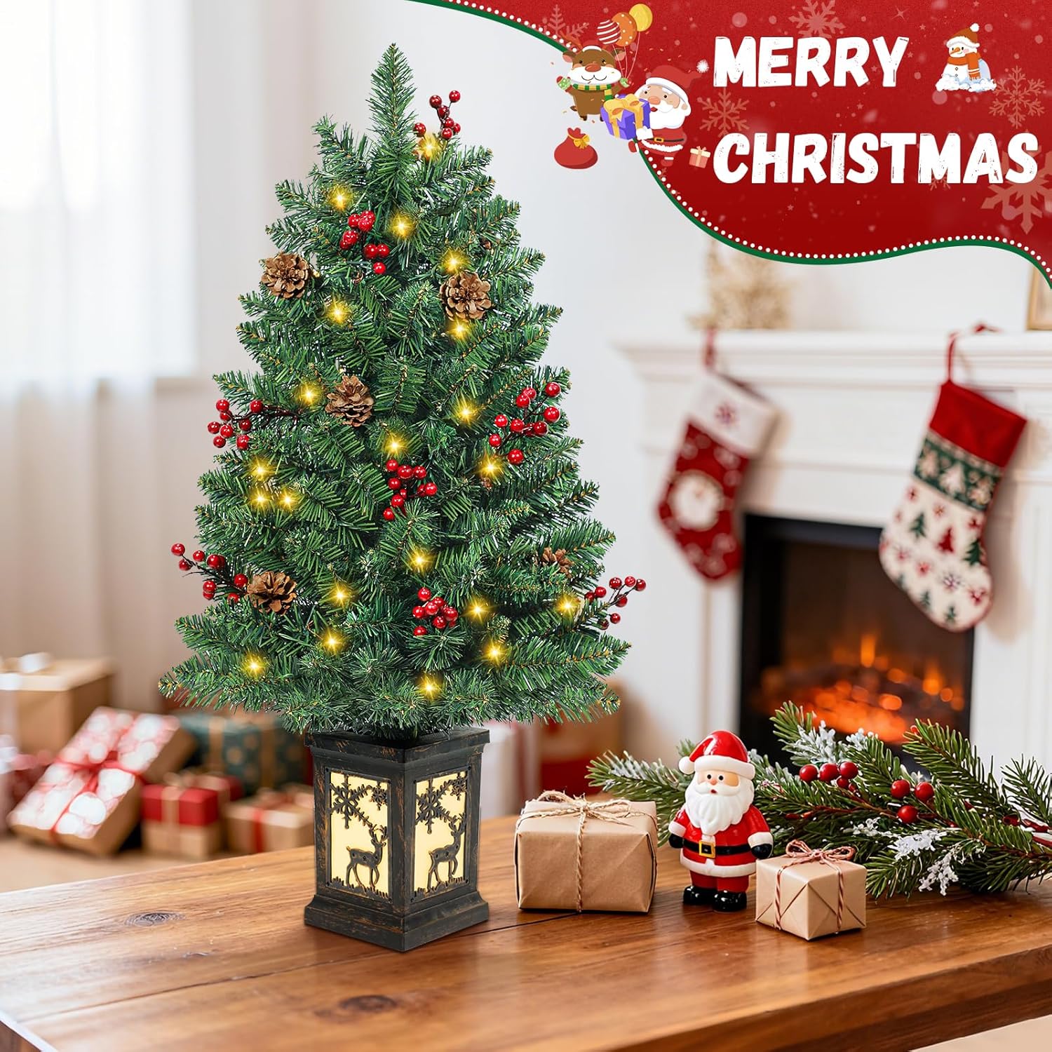 2PCS 3FT Christmas Tree with Lights Small Artificial Christmas Tree PVC Pre-lit Christmas with 78 Warm LED Tree Red Berries Pine Cone Tree for Party Indoor Outdoor Holiday Home Decoration