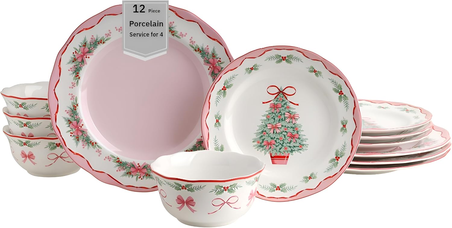 222 Fifth Pinkmas 12-Piece Porcelain Dinnerware Set for 4- Charming Pink & White Plates and Bowls Set with Festive Green Christmas Tree, Beautiful Dish Set for Holiday Dining & Gifting, Ceramic Dishes