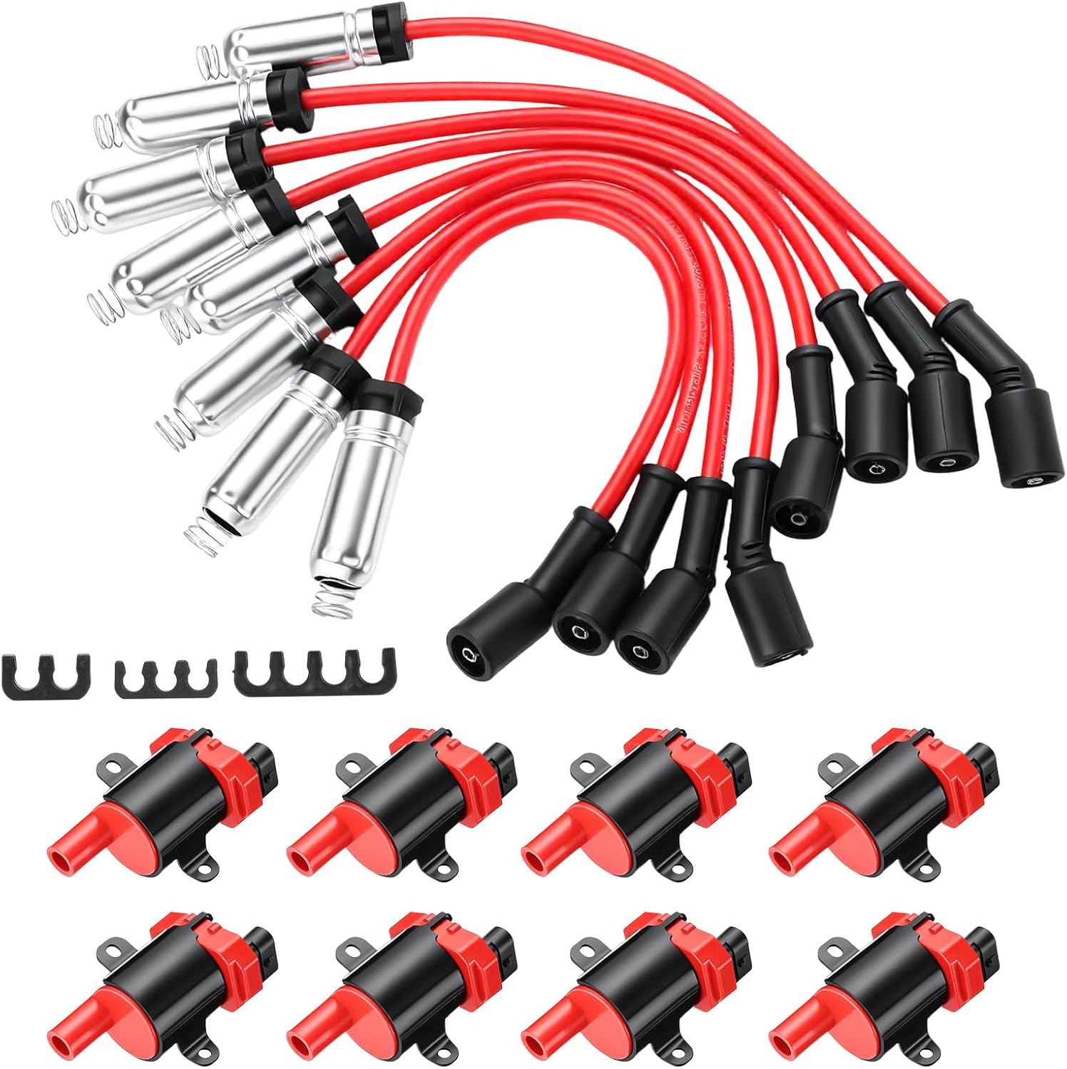 8 Pack D585 UF262 Round Type Ignition Coils w/Spark Plugs Wires Compatible with Chevrolet, Fit for GMC, Fit for Cadillac 1999-2007 4.8L 5.3L 6.0L, Replaces# C1251 12622553 12656210