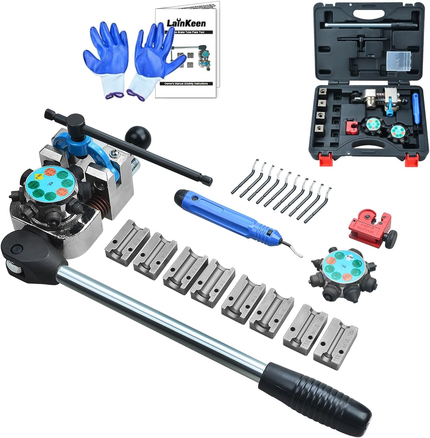 LainKeen Professional Brake Tube Line Flaring Tool 45 and 37 Degree Set, Single, Bubble, Double Flare Tool Kit