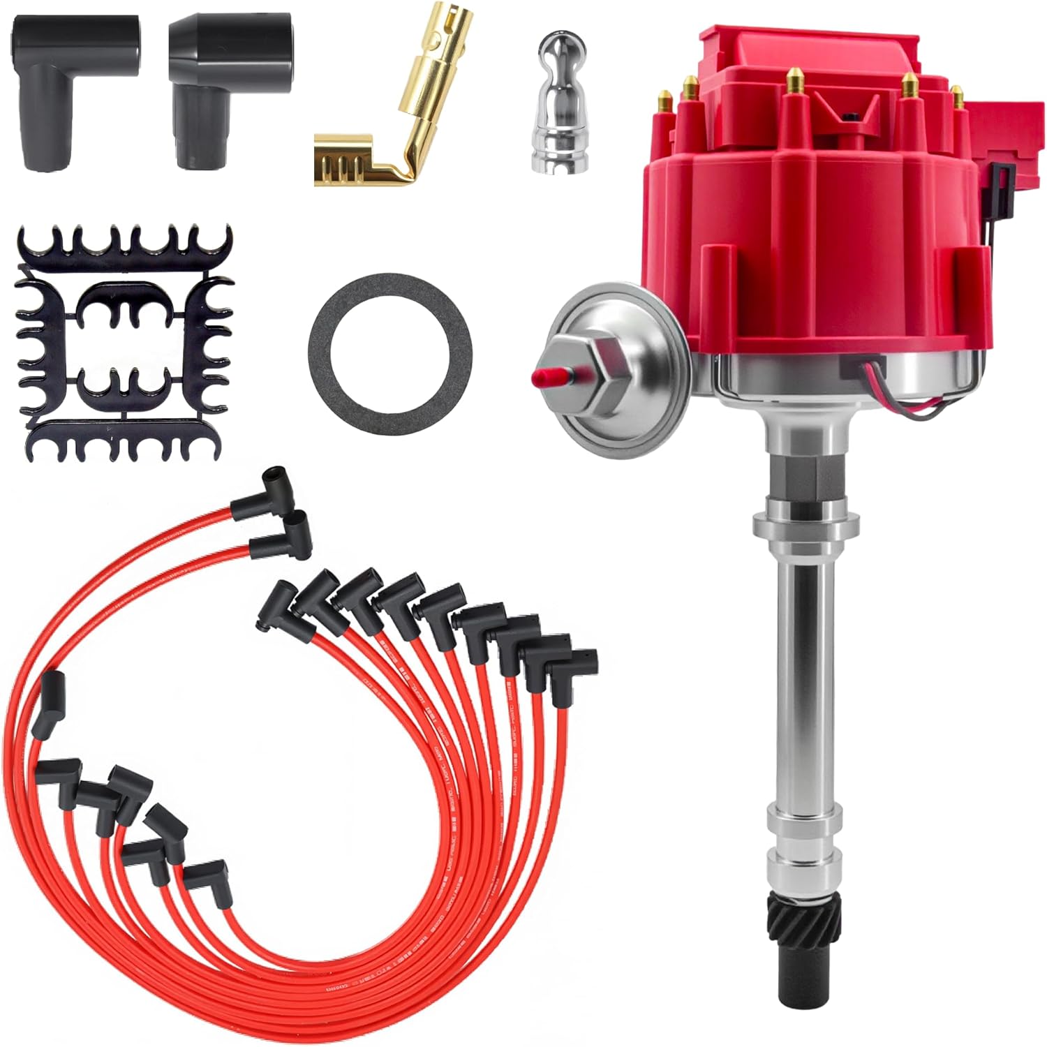 Performance HEI Ignition Distributor W/Spark Plug Wires 850001R 65K 7500RPM HEI Ignition Distributor Compatible for Chevy 283 302 307 327 350 396 400 402 427 454 SBC BBC V8