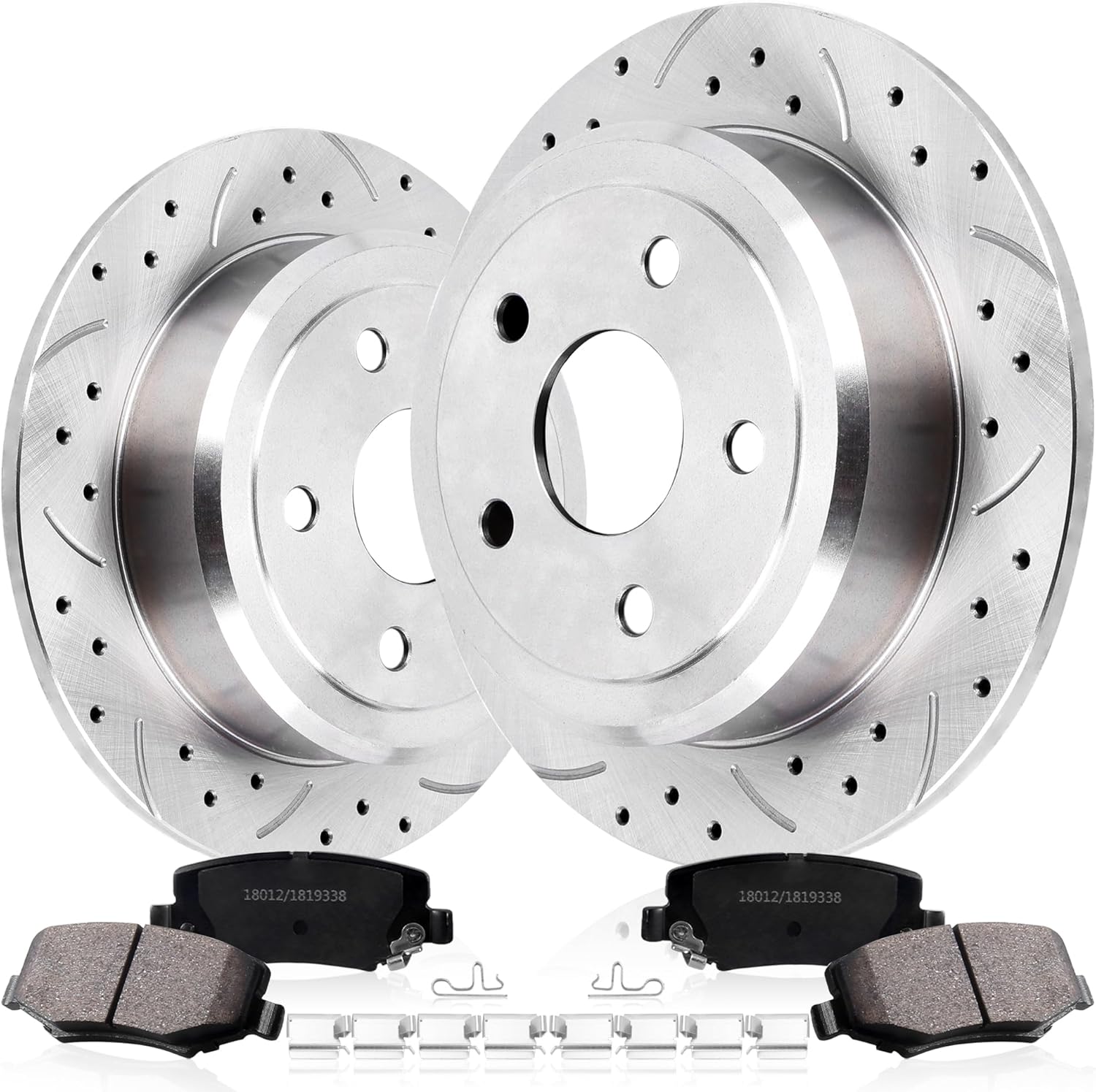 Rear Drilled and Slotted Brake Pads and Rotors Kit Ceramic Automotive Replacement Brake Kits 12.44 Inch Compatible for Jeep Wrangler 2007-2018 (16 Pcs)