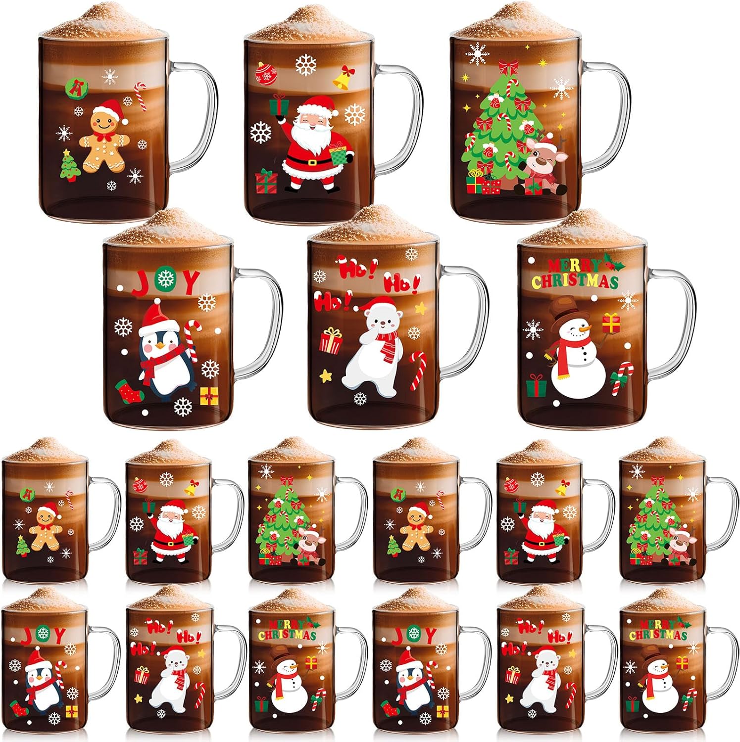 Baderke 24 Pcs Christmas Glass Mugs Set 16 Oz Winter Xmas Coffee Mugs Bulk with Handle Snowman Snowflake Coffee Cups Santa Claus Cups Christmas Gift for Women Men Holiday Kitchen Xmas Party Decor