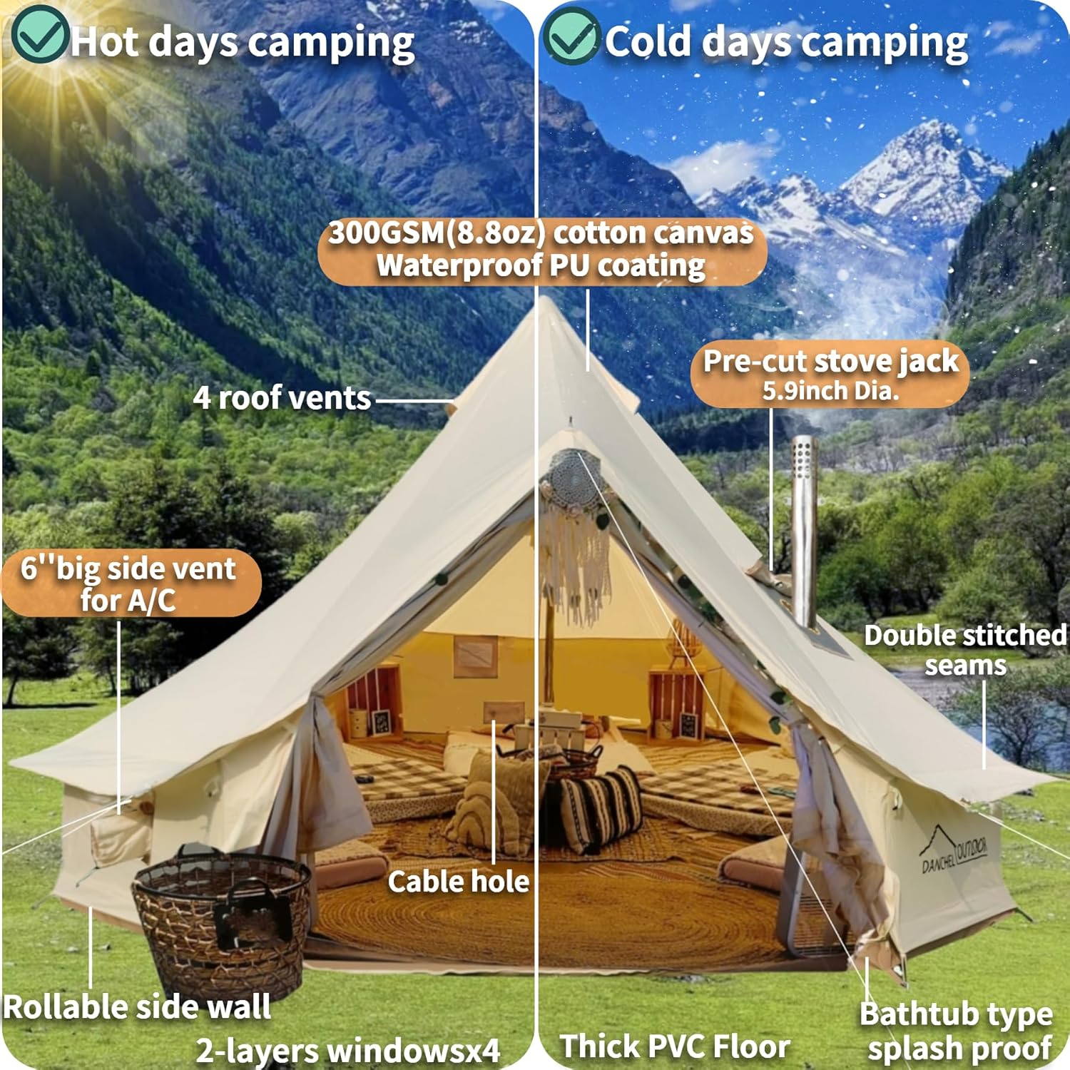 DANCHEL OUTDOOR B5PRO 4 Season Canvas Bell Tent with Stove Jack, Heavy-Duty Camping Yurt Large Hot Tent for 4/6/8 Person Family Winter Hunting Party Backyard, 13ft/16.4ft/20ft