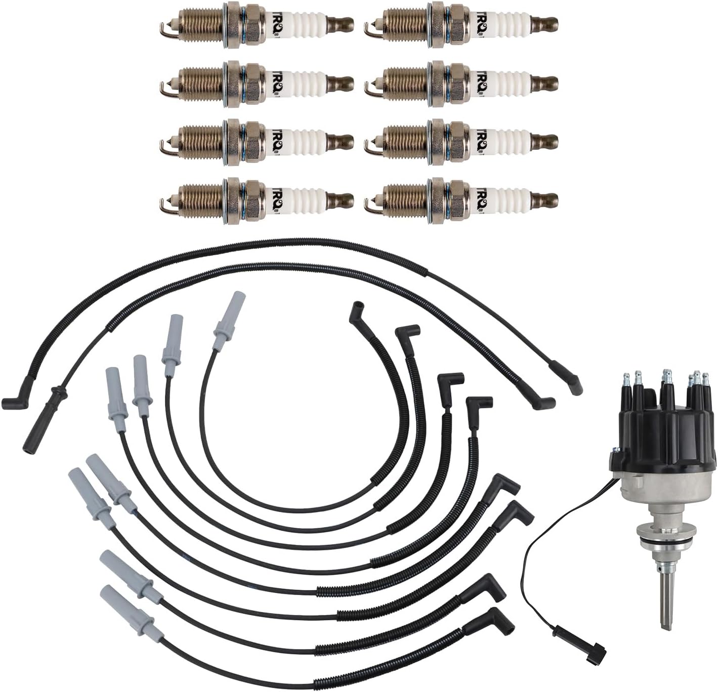 TRQ Ignition Coil Kit 10 Piece Distributor Spark Plug Wires Compatible with 1998-2003 Dodge B1500 B2500 B3500 Dakota Durango Ram 1500 Ram 2500 Ram 3500 Ram 1500 Van Ram 2500 Van Ram 3500 Van