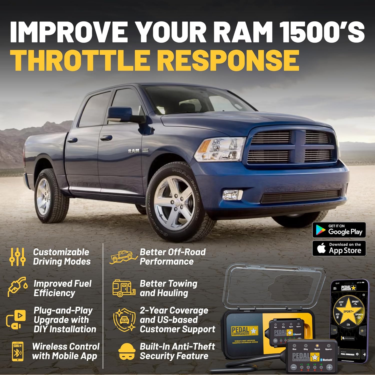PEDAL COMMANDER Throttle Response Controller Compatible with Dodge Ram Truck 2007-2018 Gas & Diesel (Not Compatible w/ 2011-2014 HO) Plug-and-Play Upgrade, App Control and Anti-Theft, Ram Accessories