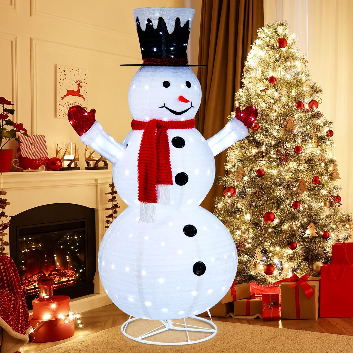 BestComfort 6FT Lighted Snowman With Top Hat & Red Scarf, Pop-Up Flannel With 200 LED Lights, Collapsible Light Up, Indoor Outdoor Xmas Eve Night Decor for Home, Lawn & Backyard, White