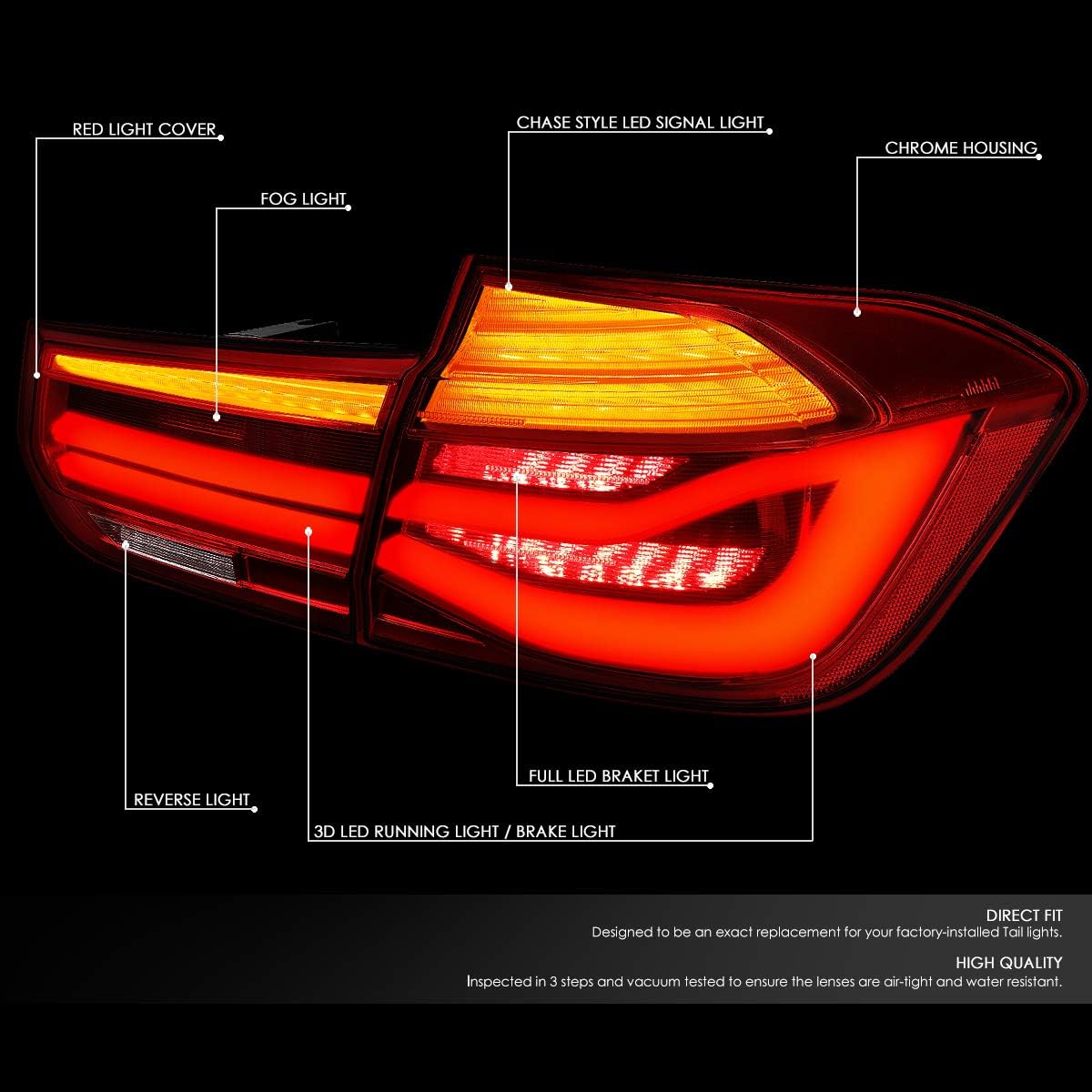 Auto Dynasty Full LED Tail Lights Compatible with 2012-2015 BMW F30 325i 320i 328i 335i 328D, Driver and Passenger Side 3D LED Light Bar Brake Lamps with Sequential Turn Signal, Red Lens Amber Signal