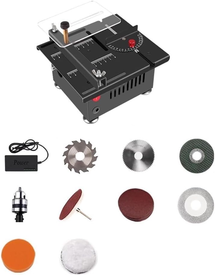 Mini Craft Hobby Table Saw, 100W Electric Mini Bench Table Saw 16MM Cutting Depth, Seven Speed Power Adapter, for Wood, Arcylic Cutting and Grinding
