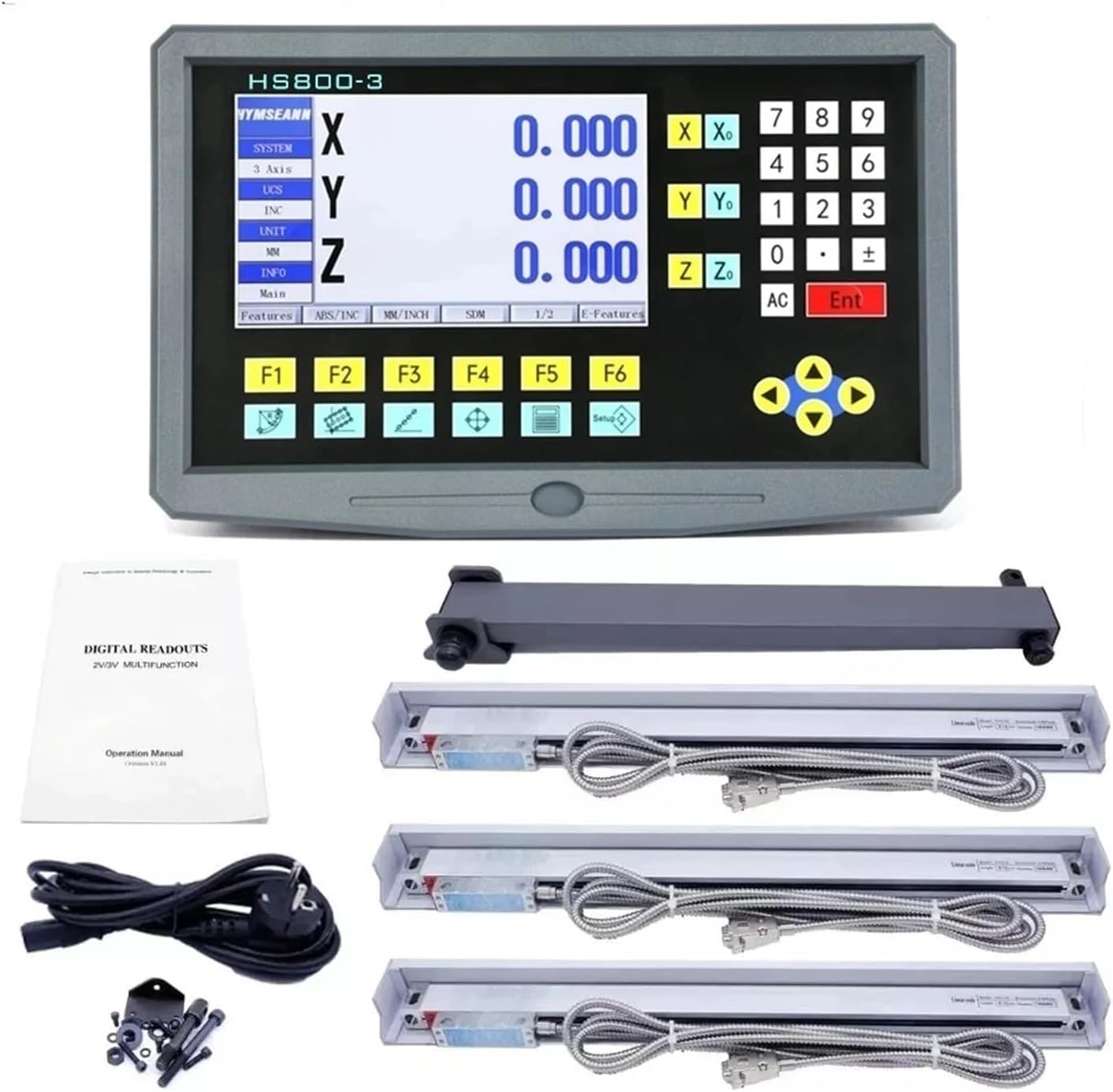 CNC Mill, 3 Axis LCD Dro Set Digital Readout System Display and 3PCS 5U Linear Scale Optical Ruler Line 50-1000mm for Lathe Mill Machine with Accessories(HS800-3)