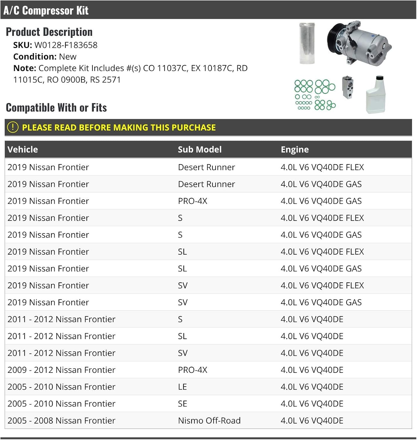 A/C Compressor Kit - Compatible with 2005-2012, 2019 Nissan Frontier