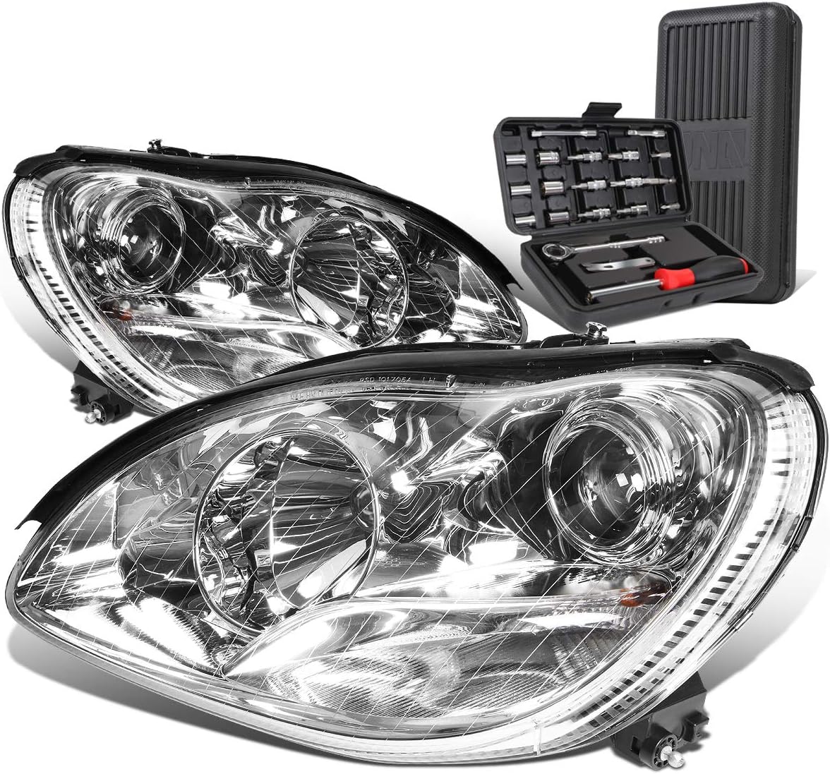 Auto Dynasty LED DRL Projector Chrome Headlight+Tool Kit Compatible with Mercedes-Benz S-Class W220 00-06