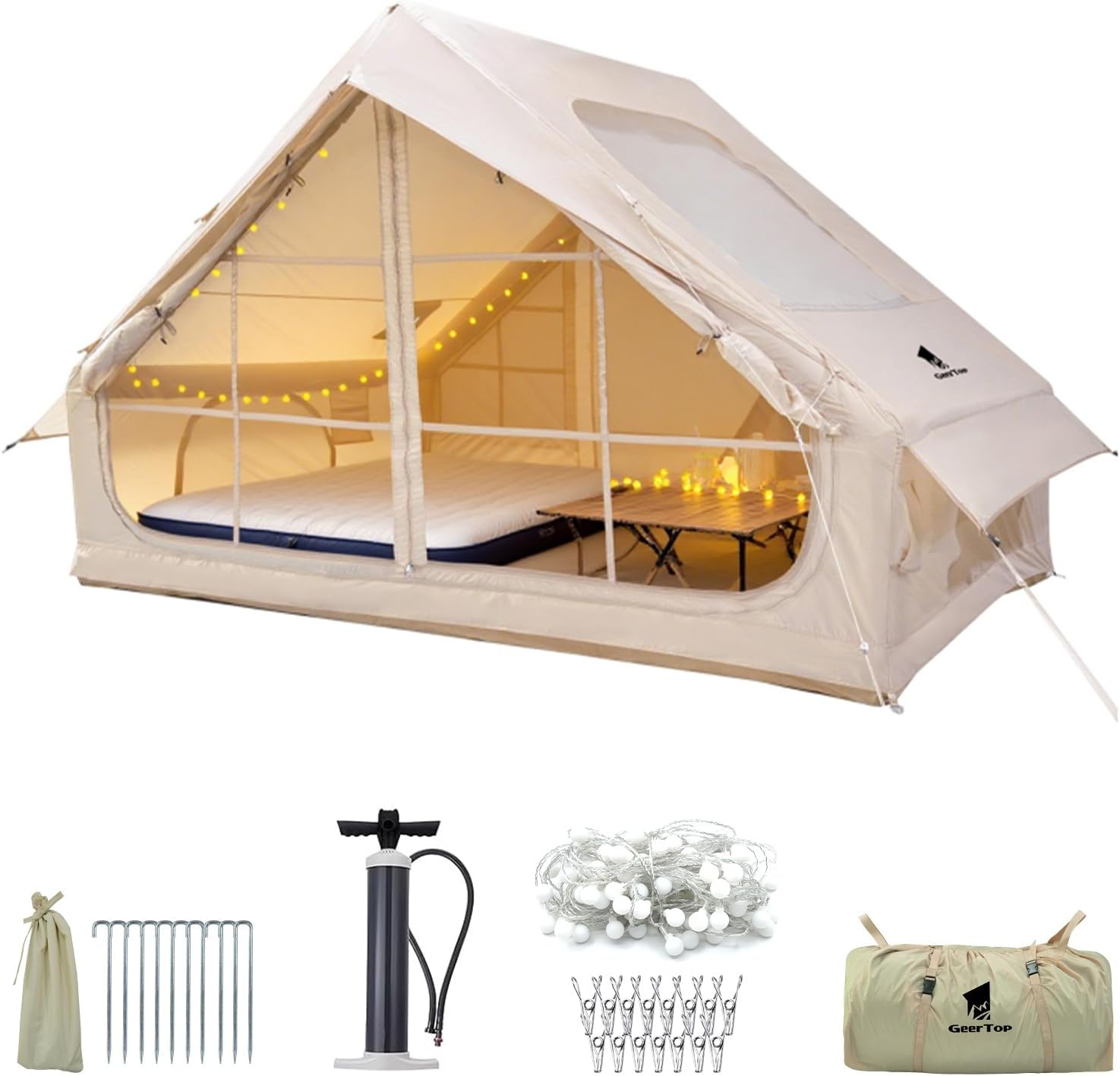 GEERTOP Inflatable Tent for Camping, Large Instant Blow Up Waterproof Glamping Tent House with Stove Jack for Family 4 Person Adult