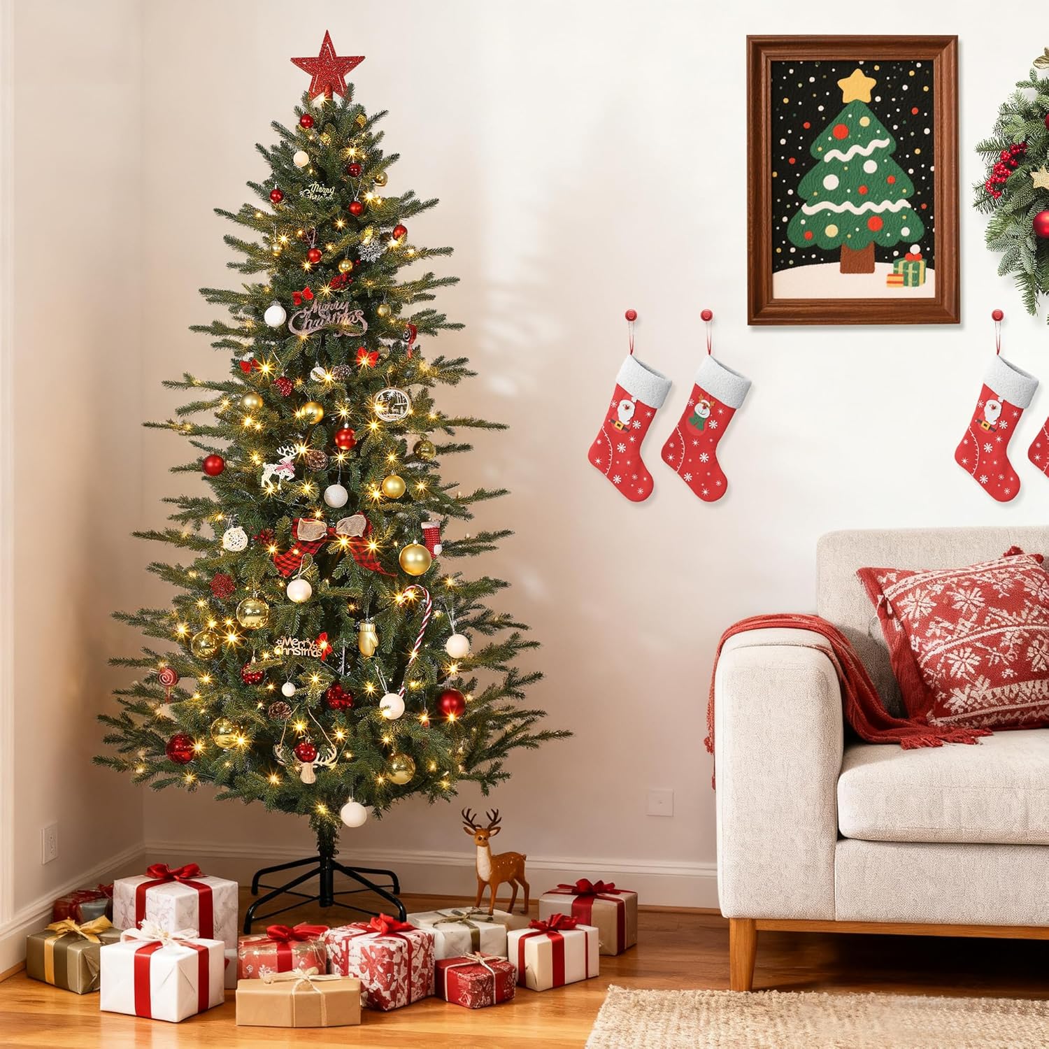 Lighted Christmas Tree, 6Ft Artificial Christmas Tree with Warm White and Colorful Lights, 8 Adjustable Lights Modes, Twinkle Christmass Trees, Premium Hinged Design, Easy to Assemble, Metal Base