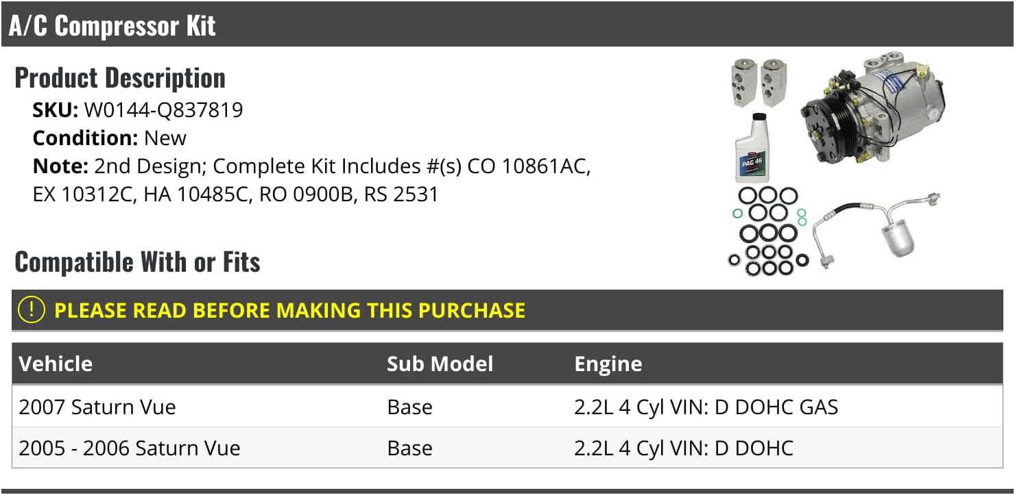 A/C Compressor Kit - Compatible with 2005-2007 Saturn Vue Base 2.2L 4-Cylinder VIN D DOHC (2nd Design)