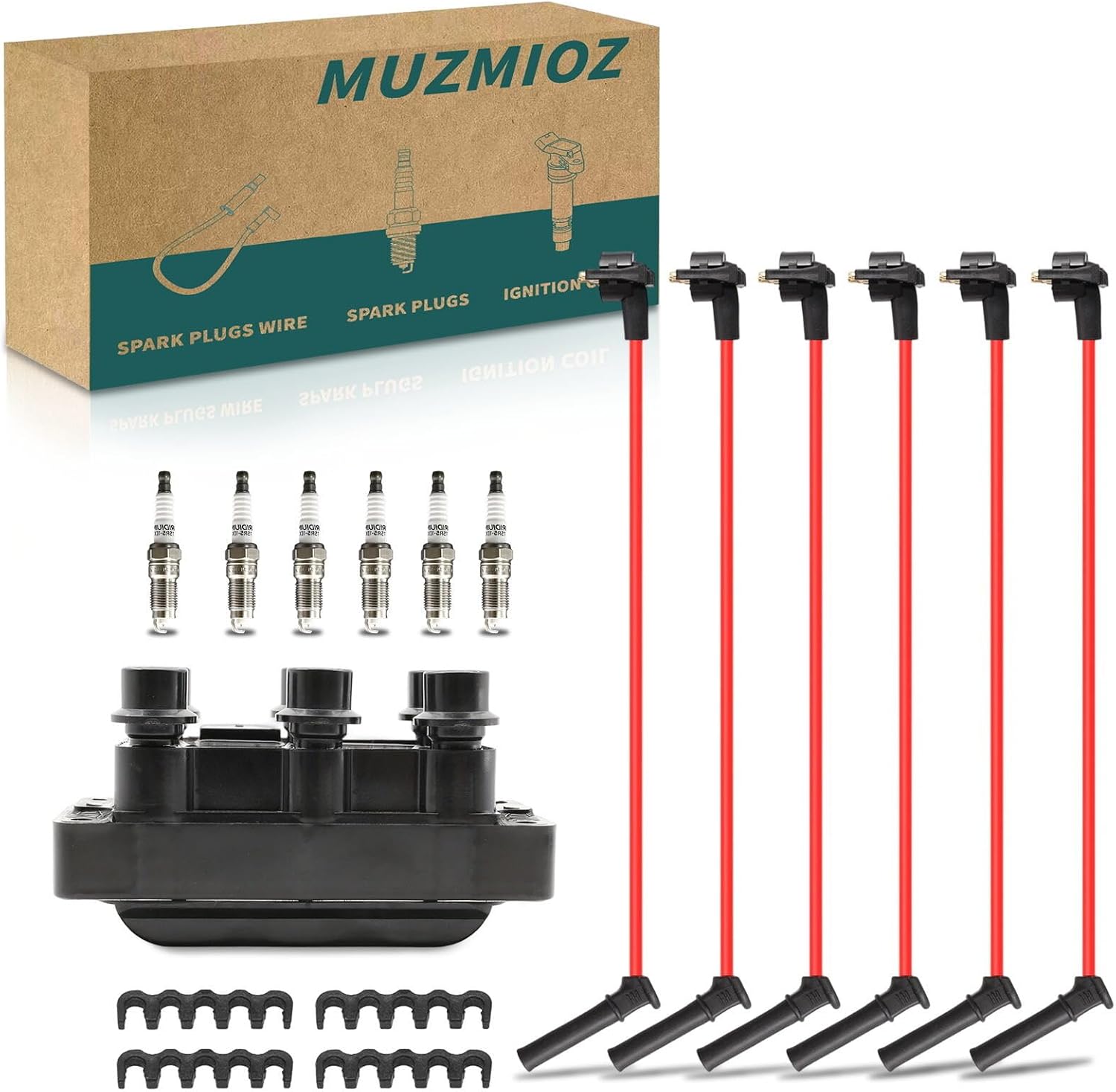 Set of 1 Ignition Coils Pack FD480 DG452 FOTZ-12029-A with 6 Iridium Spark Plugs and Spark plug Wire Set Compatible with Ford Ranger Mustang V6 4.0L