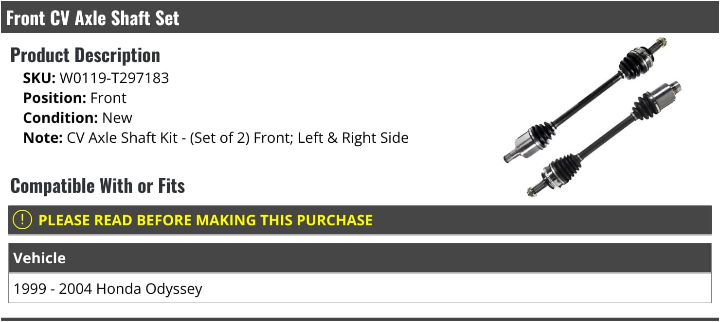 Front CV Axle Shaft - Set of 2 - Compatible with 1999-2004 Honda Odyssey