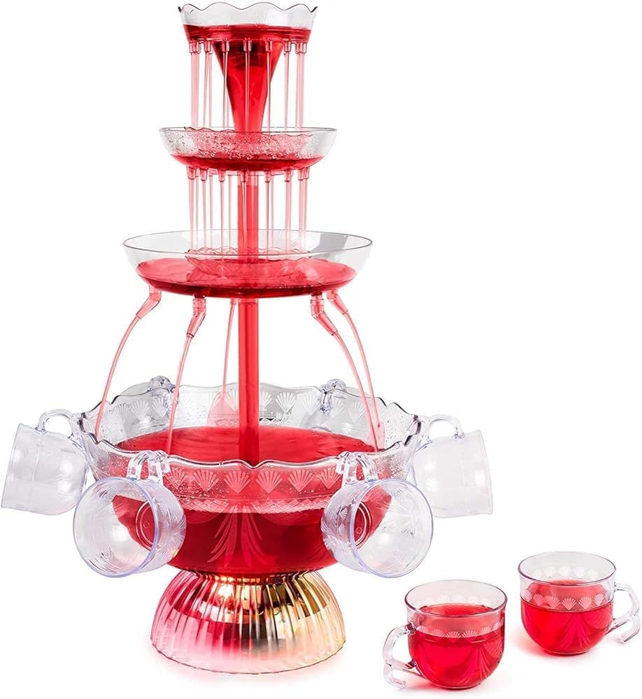 3-Tier Clear Wine Beverage Fountain Party Fountain with LED Light Lighted Base Includes 8 Reusable Cups for Bar Wedding Christmas Party Decor