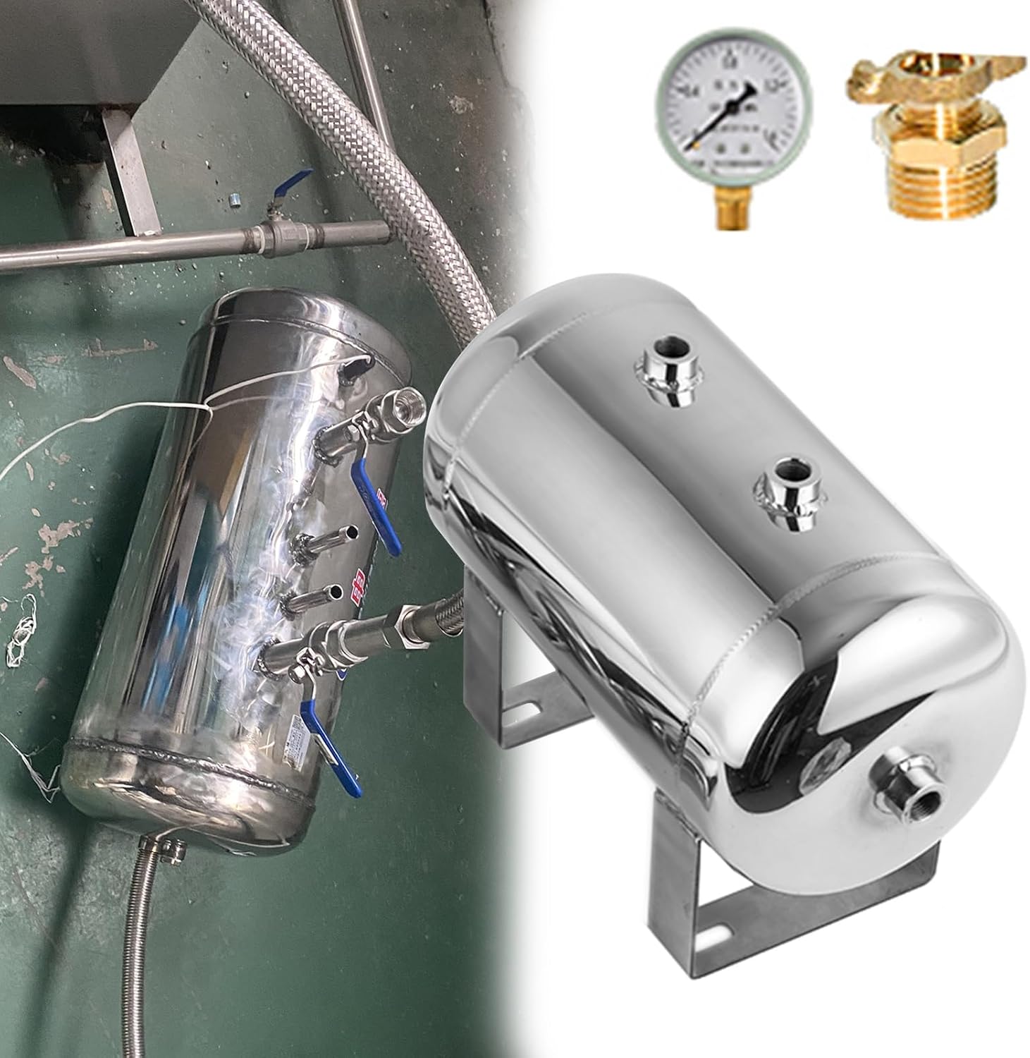 Katzowen Drain Valve 1/4 in & Check Valve 1/2 Npt, 180 Psi Air Compressor Tank w/Pressure Gauge, Small Air Tank Reservoir 1 3 5 8 10 13 15 Gallon Gas Storage Container(5 L/1.3 GaL)