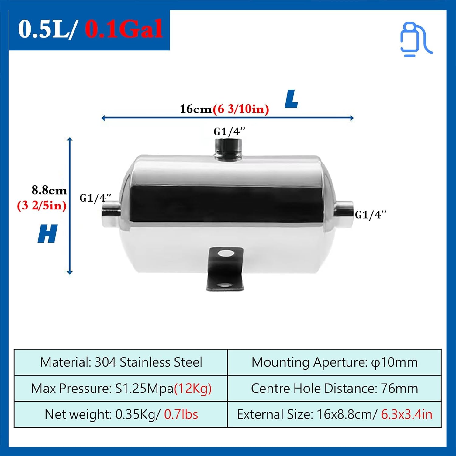 Katzowen Emergency Auxiliary Air Tank for Farm/Storage barn, 0.5 1 L 2 5 Liter Small Portable Compressed Air Tank, Heavy Duty Stainless Steel Multiport Gas Storage Vessel(5L/1Gal(A))