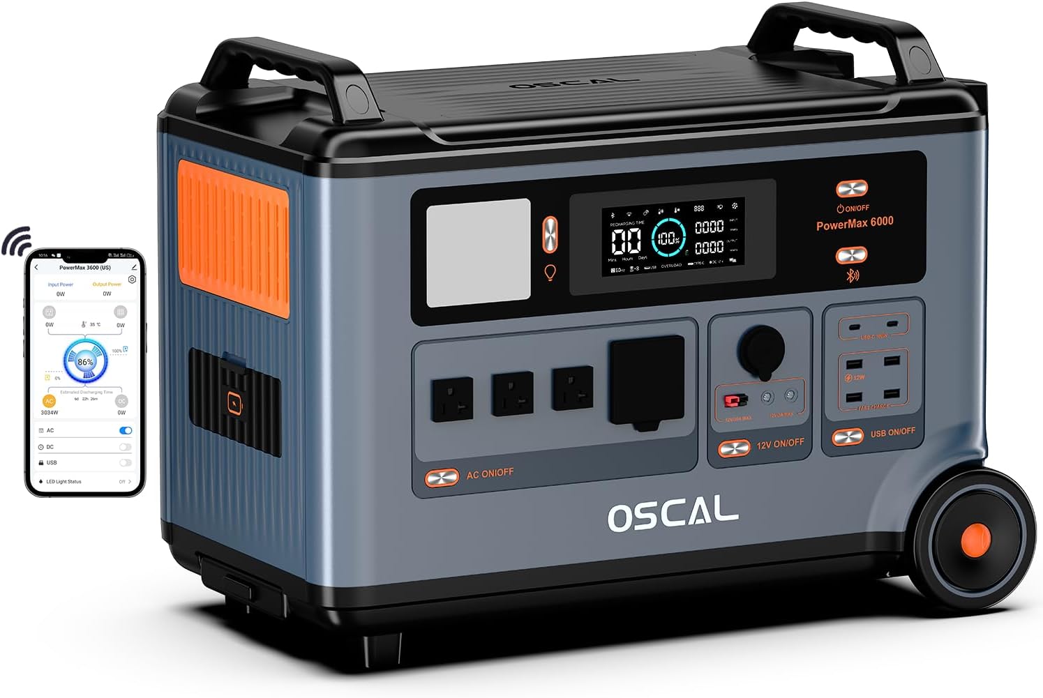 OSCAL 6000W Solar Generator(2025 New),120V/240V Split Phase Voltage Portable Power Station PowerMax 6000 with 4×200W Panel, 4 * 6000w AC Output (9000W Surge),2400W MPPT Solar for Emergency 001