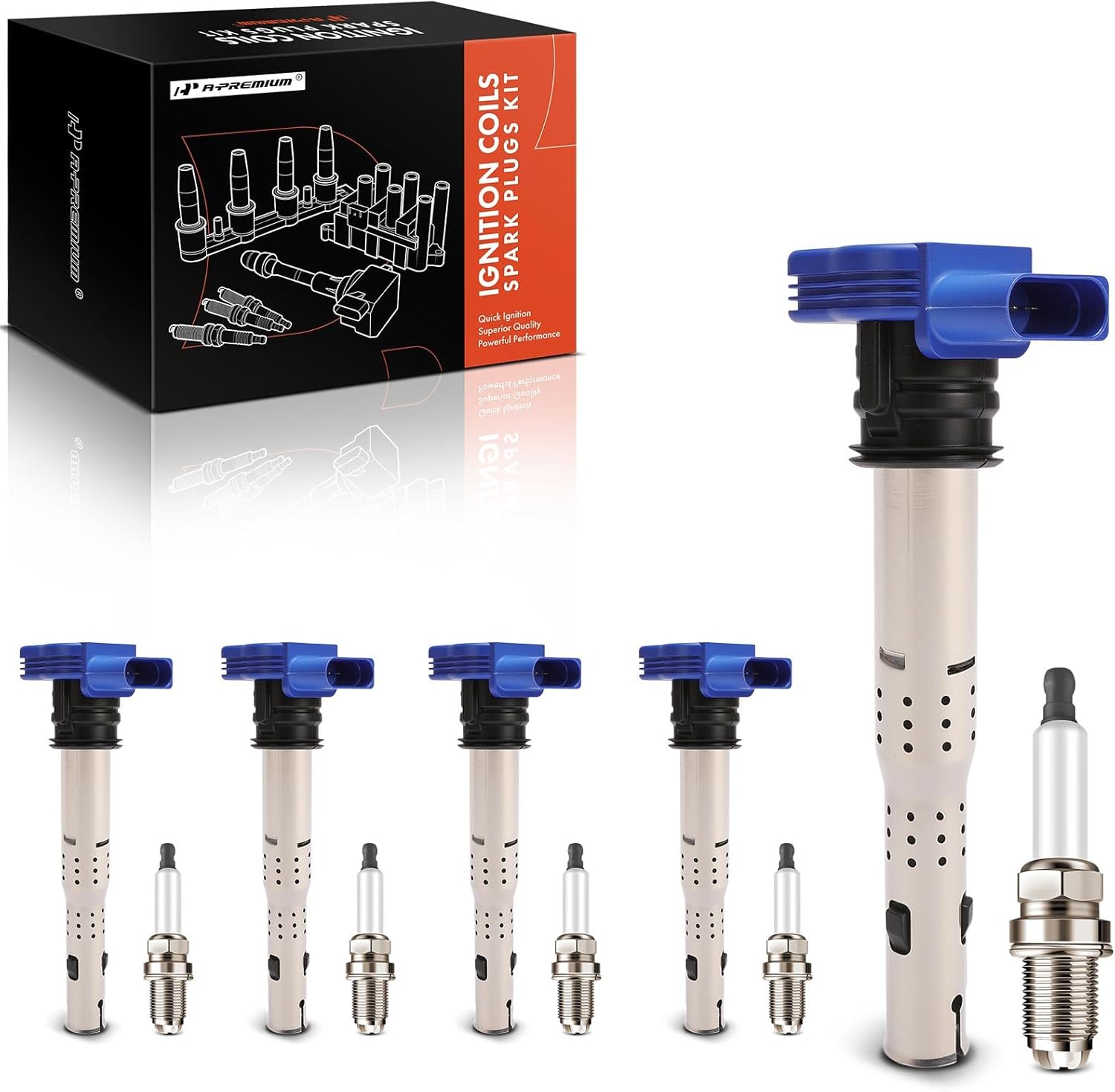 A-Premium (Blue) Set of 10 Ignition Coil Pack and Iridium Spark Plugs Compatible with Volkswagen Jetta 2005-2015, Passat 2012-2014, Golf 2010-2014, Beetle 2006-2010, Beetle 2012-2019, 2.5L