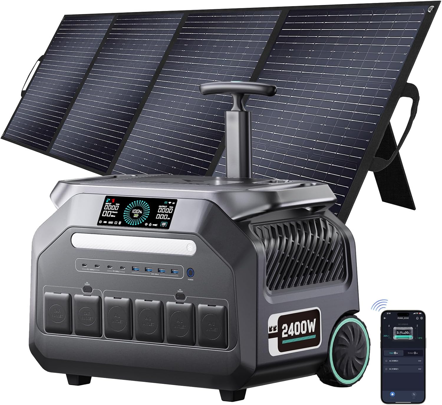 IEE 2048Wh Solar Generator,2400W Portable Power Station P2400 with LiFePO4 Batteries and 400W Solar Panel,1800W AC Charging,4 AC Outlets Up to 2400W for Home,Power Outages, Camping,and RVs