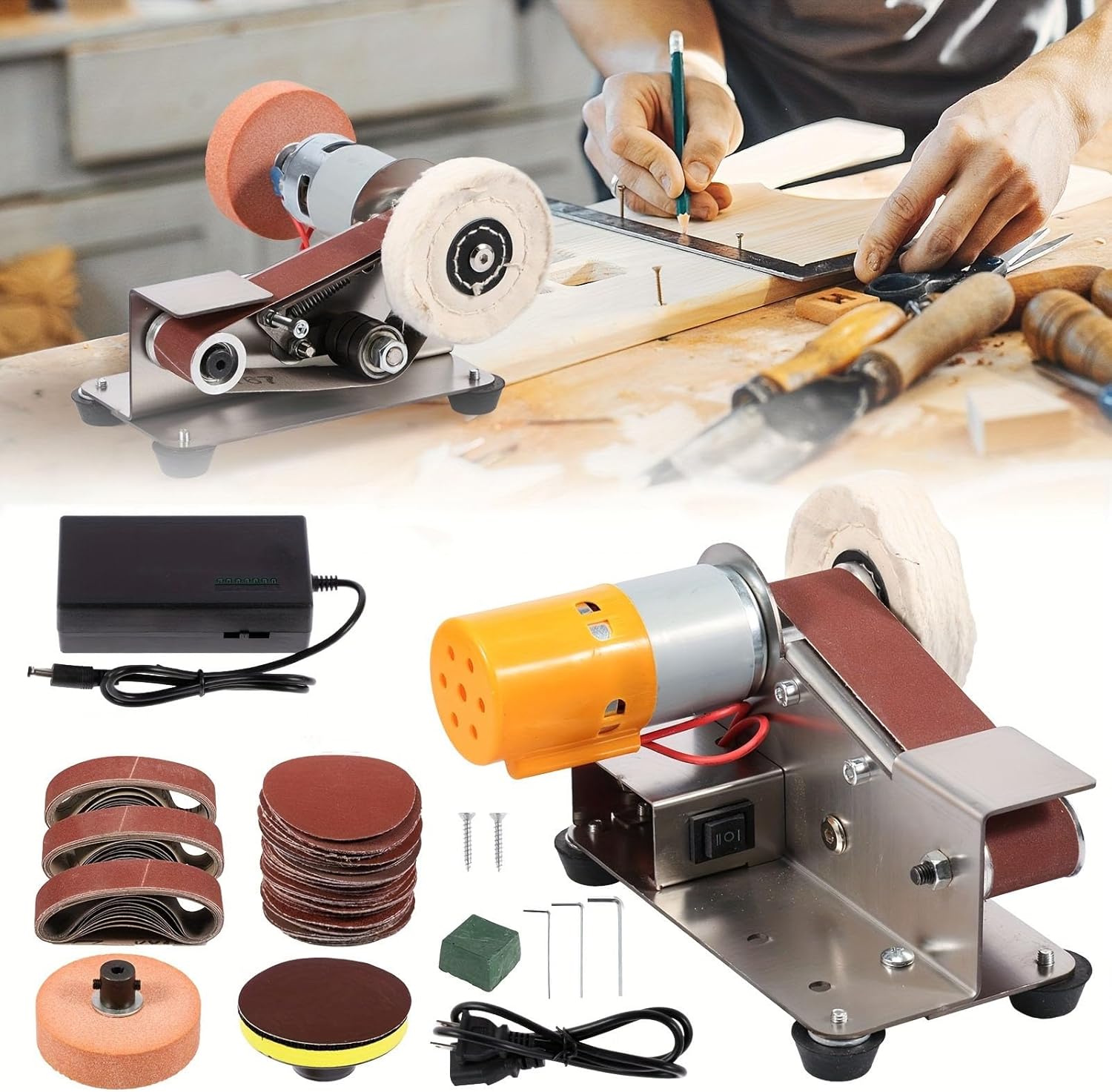 Electric Belt Grinder, DIY Fixed Polishing Grinding Machine with Sanding Belts and Polishing Wheel, Stainless Steel Body, 4000-9000r/min & 15° Slope Angle for Woodworking Metal Knife Making