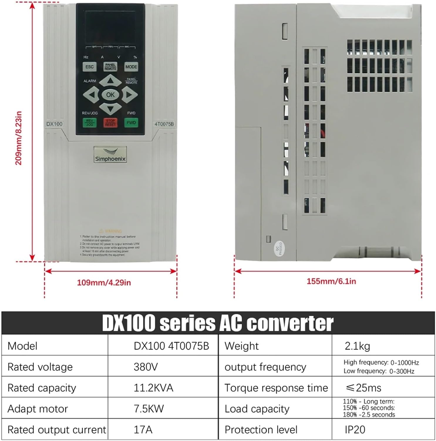 VFD 7.5kw 380V Open-Loop Vector Inverter DX100-4T0075B 3phase 17A for CNC Spindle Motor Speed Control