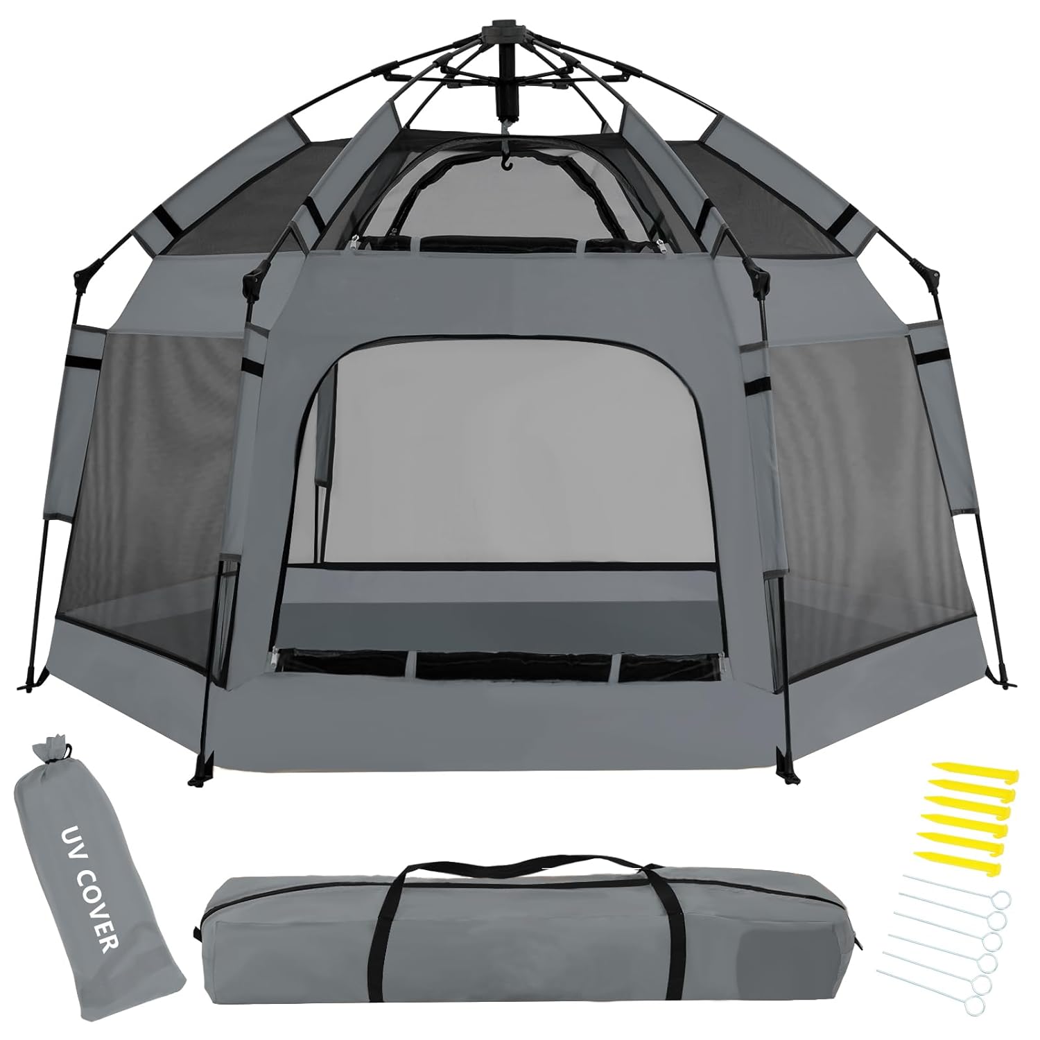 Baby Pop Up Playpen with Canopy, Pop Up Baby Pop Up Tent with Safety Lock, Portable Toddler Play Yard with Travel Bag, 6 Ground Stakes, 6 Sand Stakes