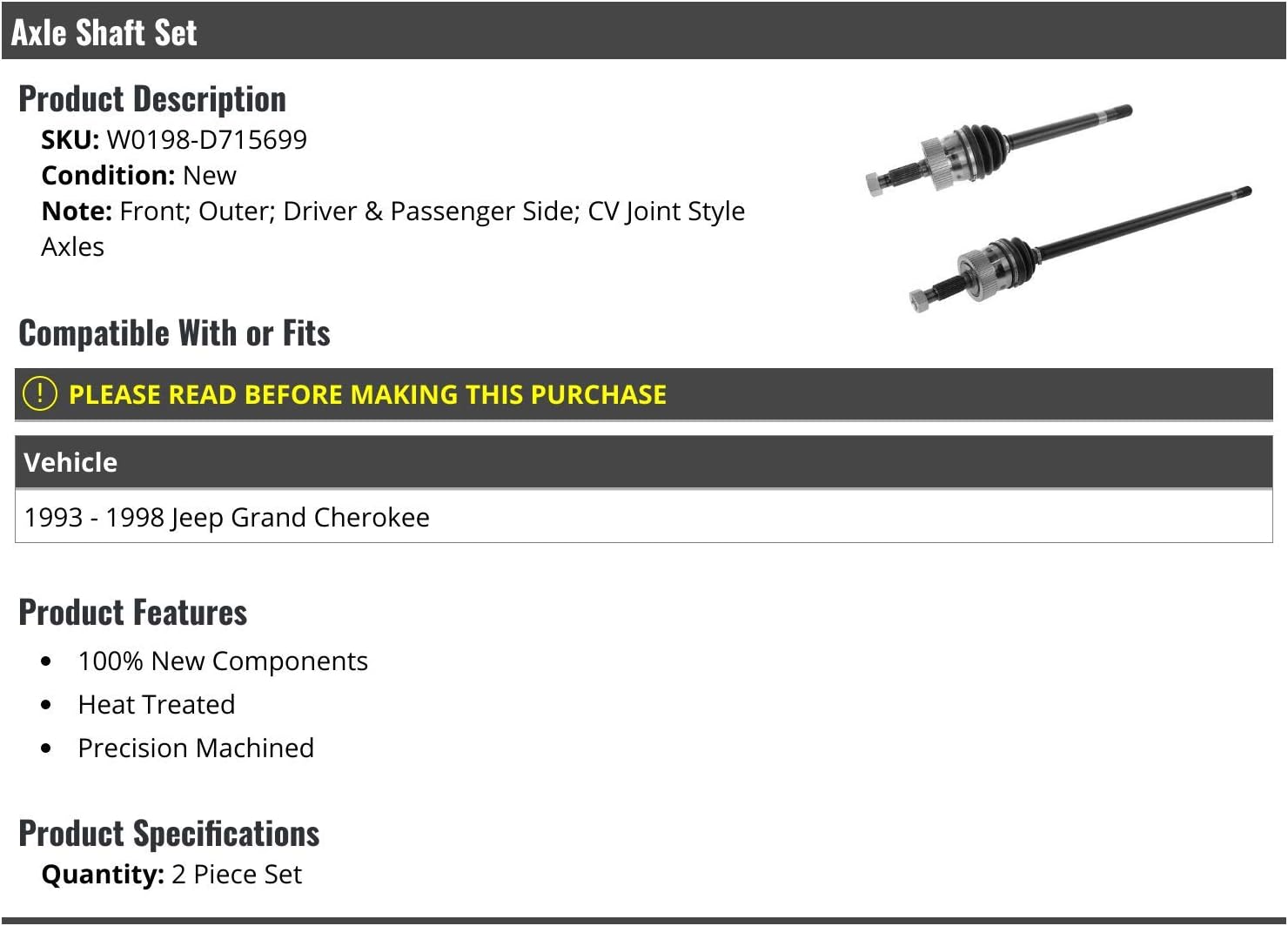 Front Axle Shaft - 2 Piece Set - Compatible with 1993-1998 Jeep Grand Cherokee