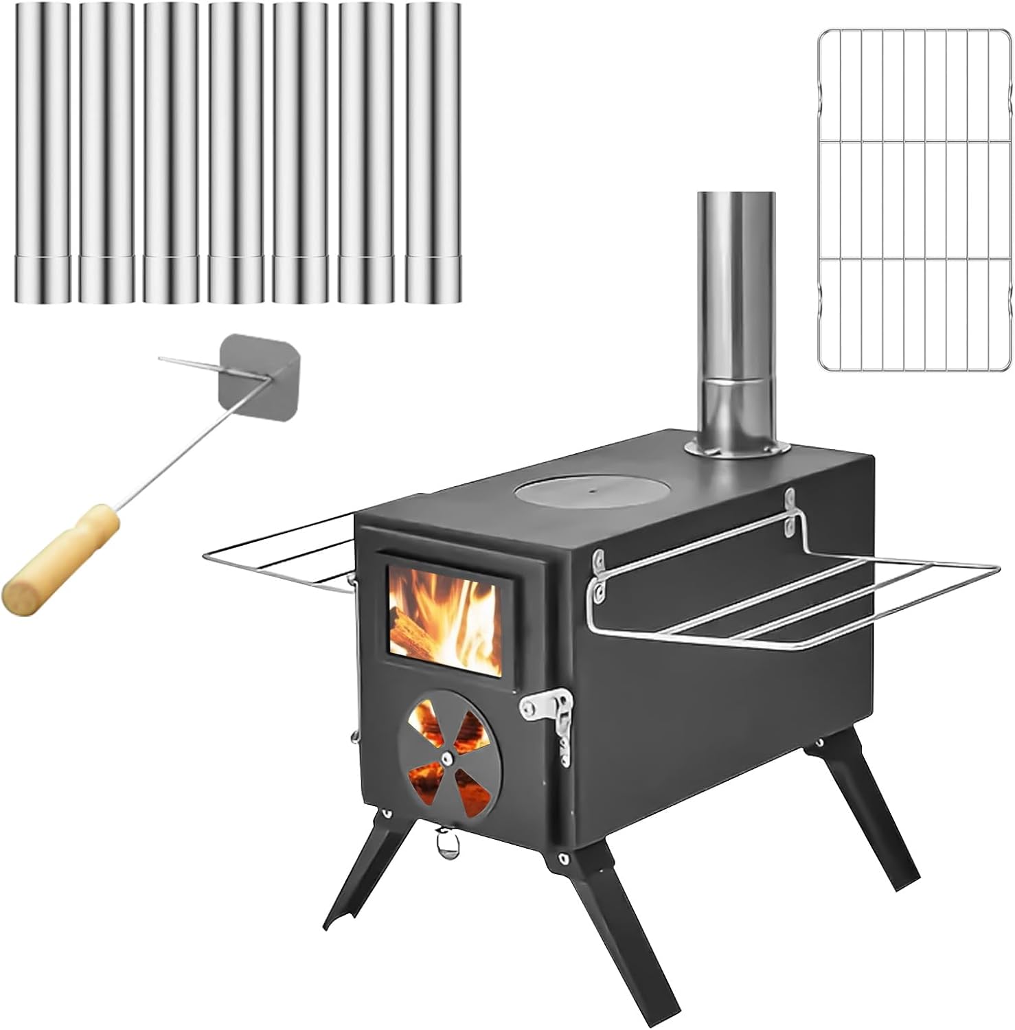 Portable Wood Stove, Foldable Hot Tent Stove, Wood Burning Stove with Chimney, No Smoke Leakage & Easy to Install, for Camping, Hunting, Ice Fishing, Cooking