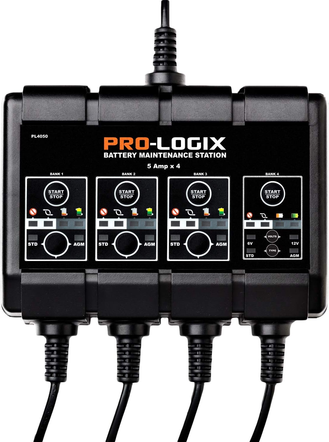 Clore Automotive PL4050, Pro-Logix 4-Bank, 20-Amp (5-Amp Per Bank) Fully-Automatic Smart Charger, 6V and 12V Battery Charger, Battery Maintainer, and Battery Desulfator with Temperature Compensation