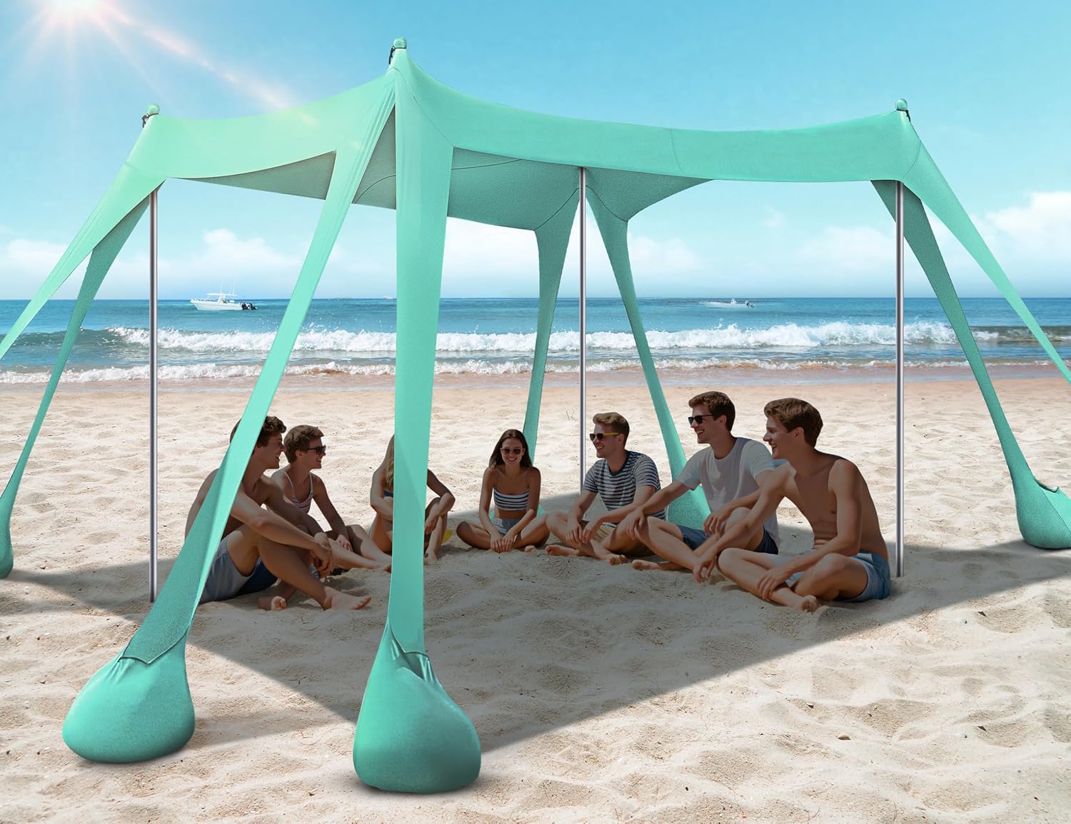 Rengue Beach Tent, Beach Canopy UPF50+ UV Protection, 10x10ft Beach Shade Sun Shelter with 8 Sandbags, Sand Shovels, Ground Peg, Stability Poles for Camping, Fishing, Picnic, Backyard Fun, Light Green