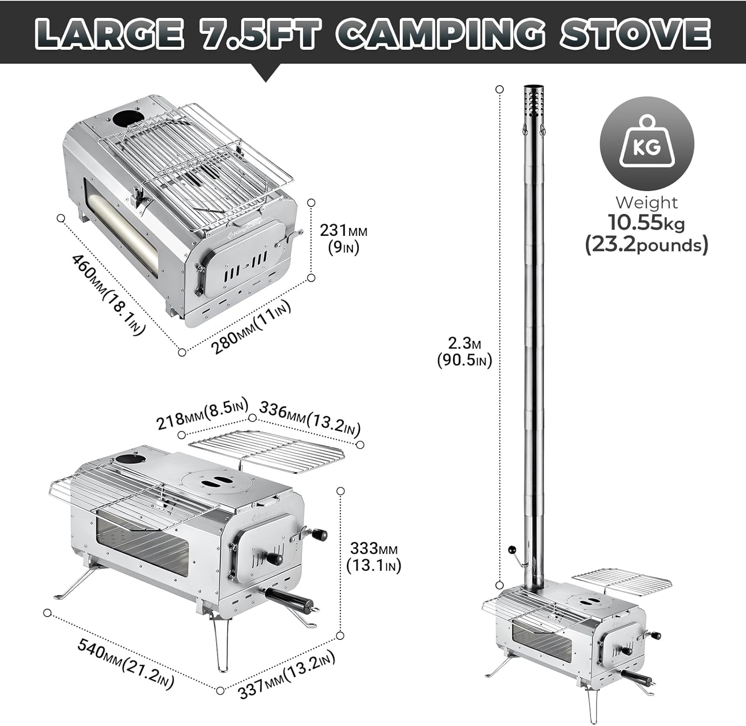 KingCamp Hot Tent Stove, Foldable Camping Stove with Large Firebox, 7.5ft Winter Camping Stove for Tent, Shelter, Cabin Heating, With Chimney Pipes, Heat Resistant Glass & Gloves for Outdoor