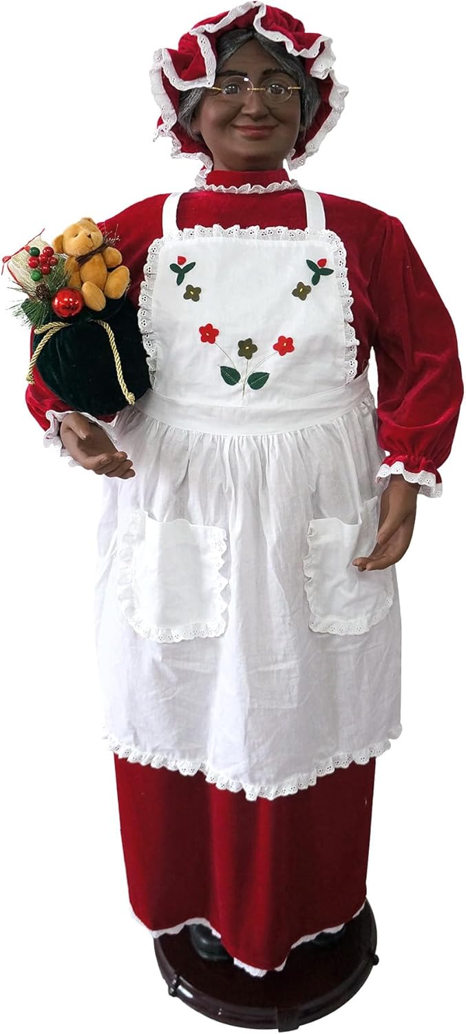 Fraser Hill Farm Life Size 58-in. African American Dancing Mrs. Claus with Apron and Gift Sack, Indoor Animated Holiday Home Decor, Motion Activated Christmas Animatronic Decoration
