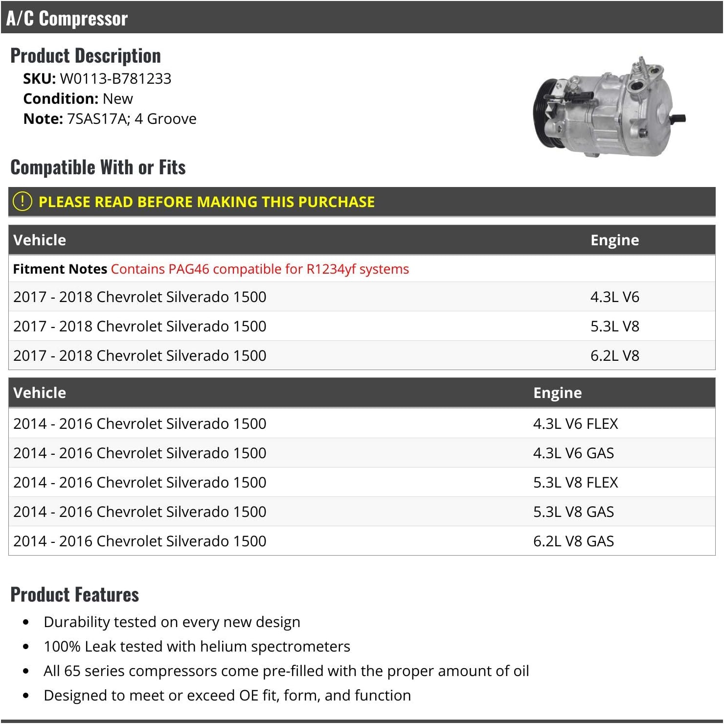 AC Compressor-Compatible with 2014-2018 Chevy Silverado 1500,(W0113-B781233)