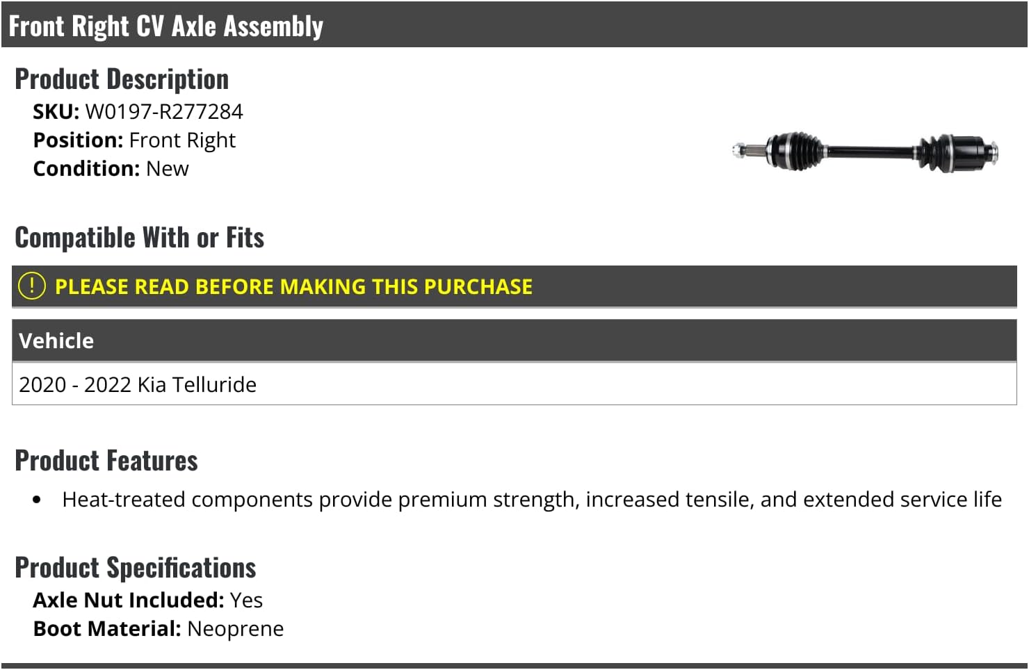 Front Right Passenger Side CV Axle Assembly - Compatible with 2020-2022 Kia Telluride