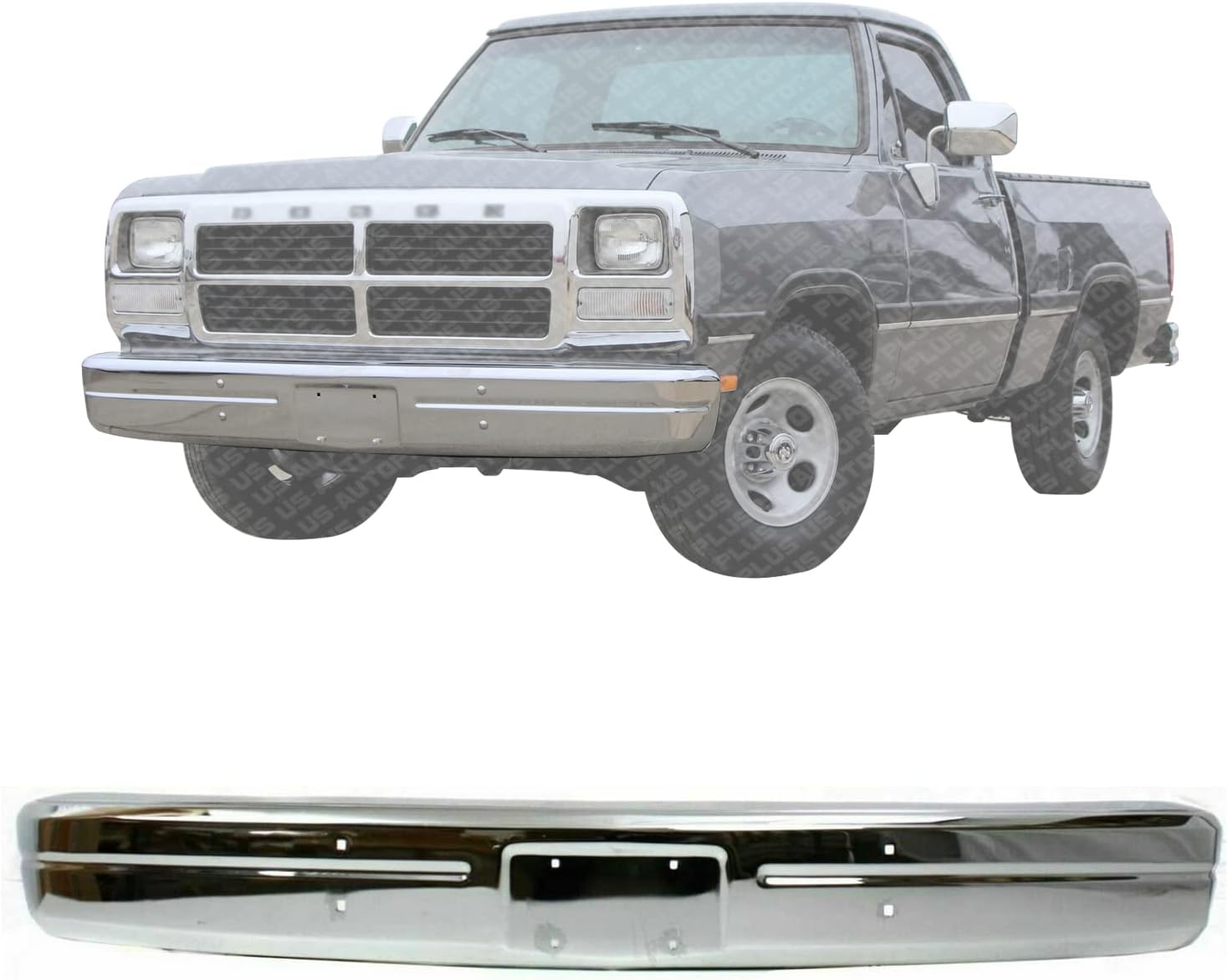 New Front Bumper Face Bar Chrome Steel without Molding Holes For 1986-1993 Dodge D150 D250 D350 / W150 W250 W350 Direct Replacement 4249818 CH1002145