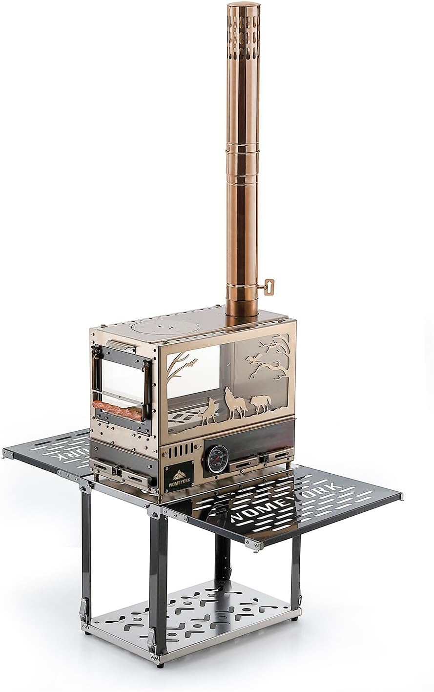 Outdoor Camping Tent Stove with Oven, Portable Wood Burning Stove with Chimney Pipe for Tent, Shelter, Camping Heating and Cooking, Perfect Storage with the Base Stand (Golden)