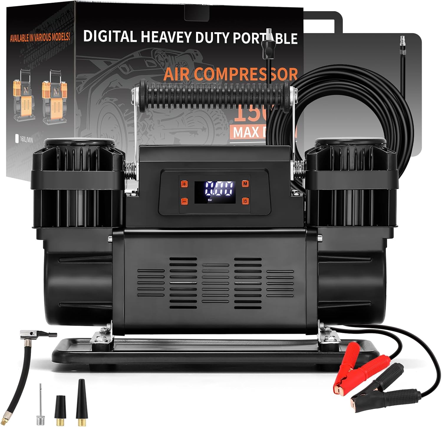 150 PSI Dual Cylinder Air Compressor 12.35 CFM 12V Heavy Duty Portable with LCD Digital Control Preset Pressure Fast Inflation for Trucks SUVs Off-Road Tires Includes 4ft Hose & Bag