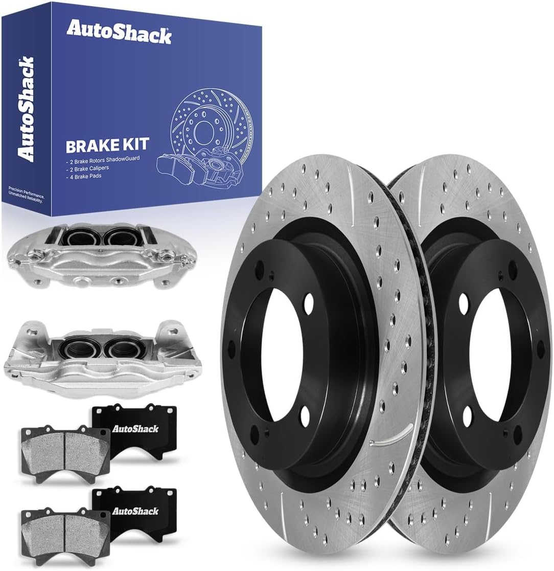 AutoShack Front Drilled & Slotted Brake Rotors Ceramic Brake Pads Calipers | Replacement for 2007-2016 Toyota Tundra 2008-2016 Sequoia 4.6L 5.7L 4WD RWD | E-Coated | 8-PC Brake Kit | ShadowGuard