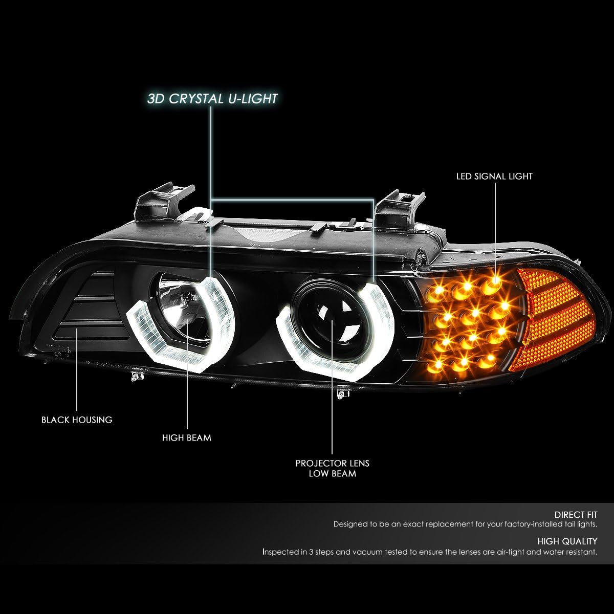 Auto Dynasty Halogen Model 3D Crystal Halo Projector Headlight Lamps with LED Turn Signal Compatible with BMW 5-Series E39 M5 96-03, Driver and Passenger Side, Black Housing Clear Lens