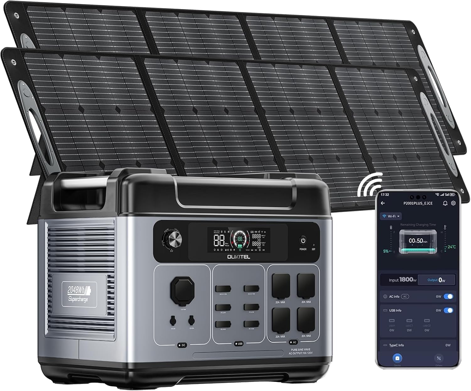 OUKITEL P2001 PLUS 2400W Power Station with 2x200W Solar Panel, 2048Wh Solar Generator(Peak 5000W) 1.5Hrs Fast Charging APP Control Emergency LiFePO4 Battery for Home Backup Camping RVs
