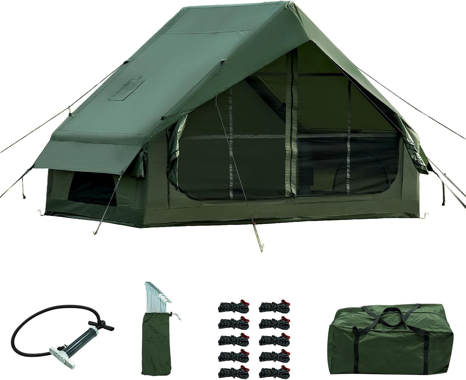 Inflatable Camping Tent with Hand Pump Waterproof Outdoor Blow up Tent Oxford 4 Season Air Tent Cabin House with Mesh Windows & Door 12sq/6sq Green