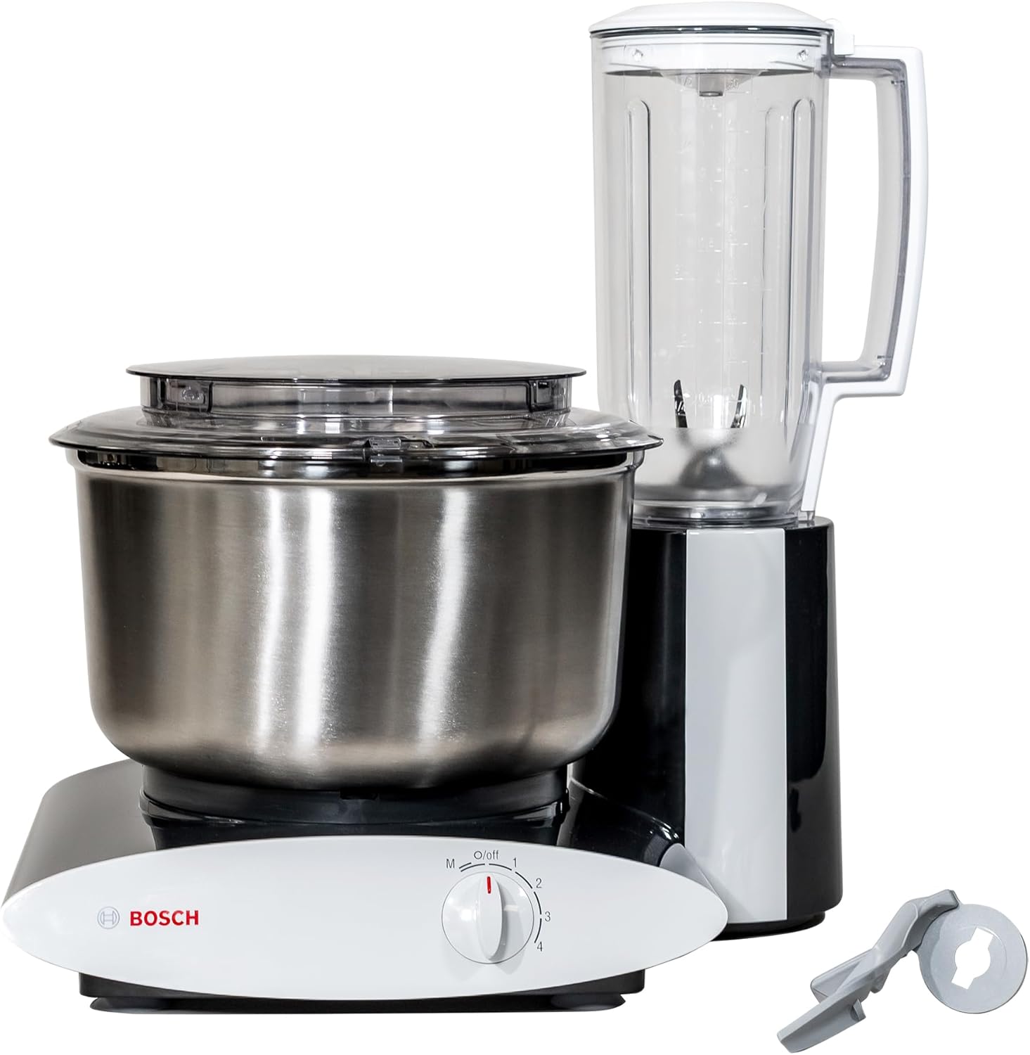 Bosch Universal Plus Stand Mixer Black with Stainless Steel Bowl 500 Watt, 6.5 Quarts with Wire Whips, Dough Hook, NutriMill Dough Hook Extender, and Blender Bundle