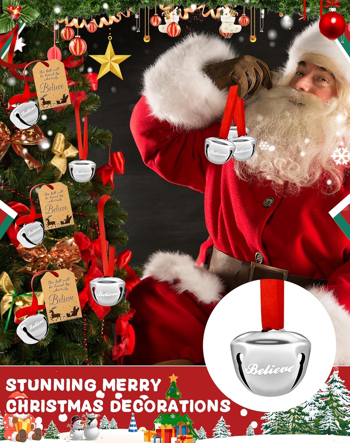 108PCS Christmas Believe Bell Ornaments, Polar Express Bell, Silver Sleigh Bell Christmas Party School Classroom Indoor Outdoor Decor Supplies (108)