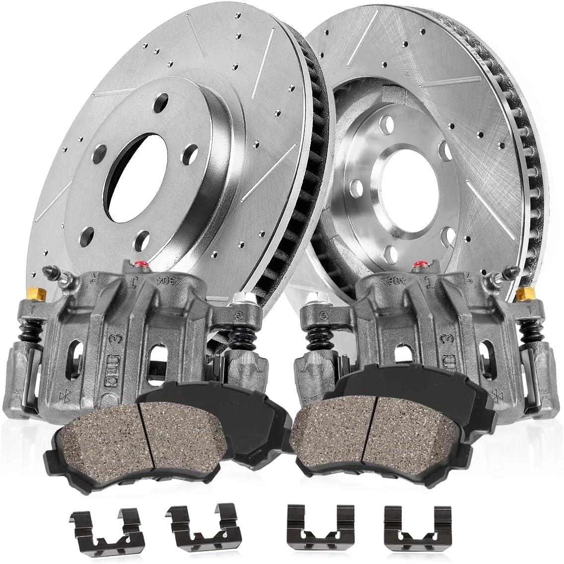 Callahan Brake Parts Front Brake Kit For Hyundai Tucson Kia Sportage Drilled and Slotted Brake Rotors and Ceramic Brake Pads with Calipers
