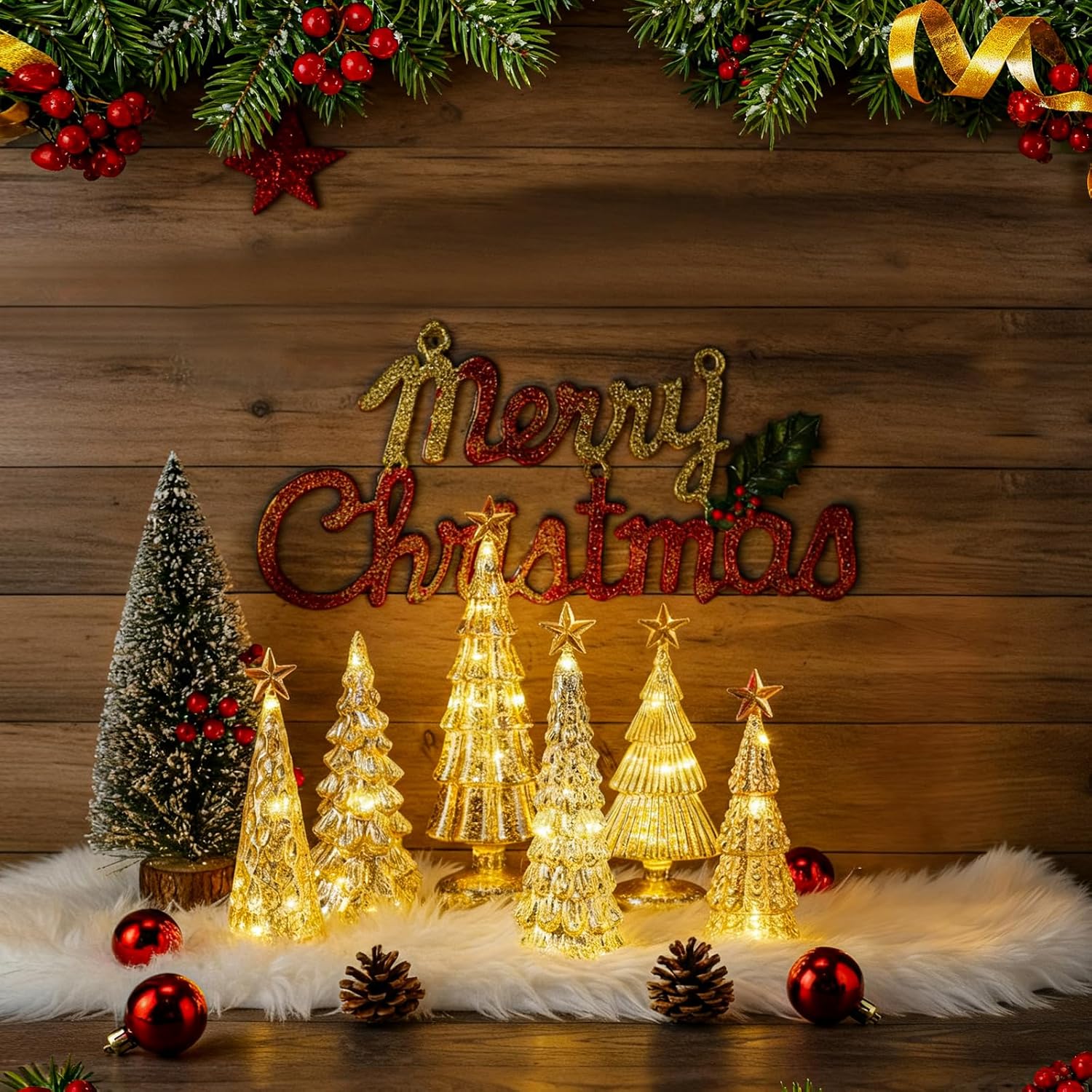 Weysat 7 Pcs Mercury Glass Christmas Tree Decor Set 6 Light up Christmas Tree 1 White Faux Sheepskin Runner Rugs Figurines Fluffy Shag Bedroom Rug for Ornaments Holiday Centerpieces Tabletop Home